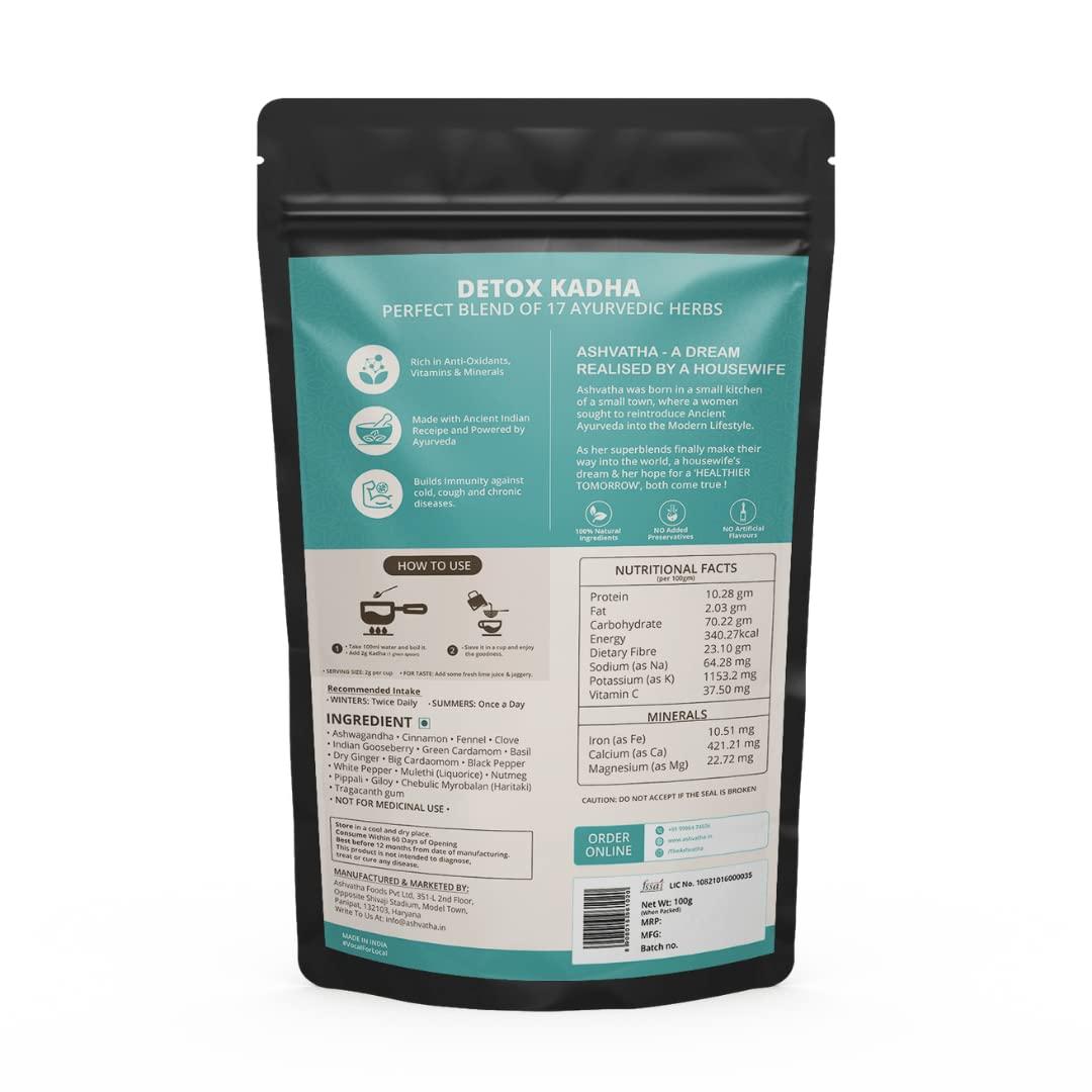 Ashvatha Ashvatha Detox Kadha - Ayush Kadha Tea I 17 Premium Ayurvedic Herbs I Ayush Kwath with Ashwagandha Tulsi Ginger Amla Mulethi I Immunity Booster I 100g (Pack of 1)