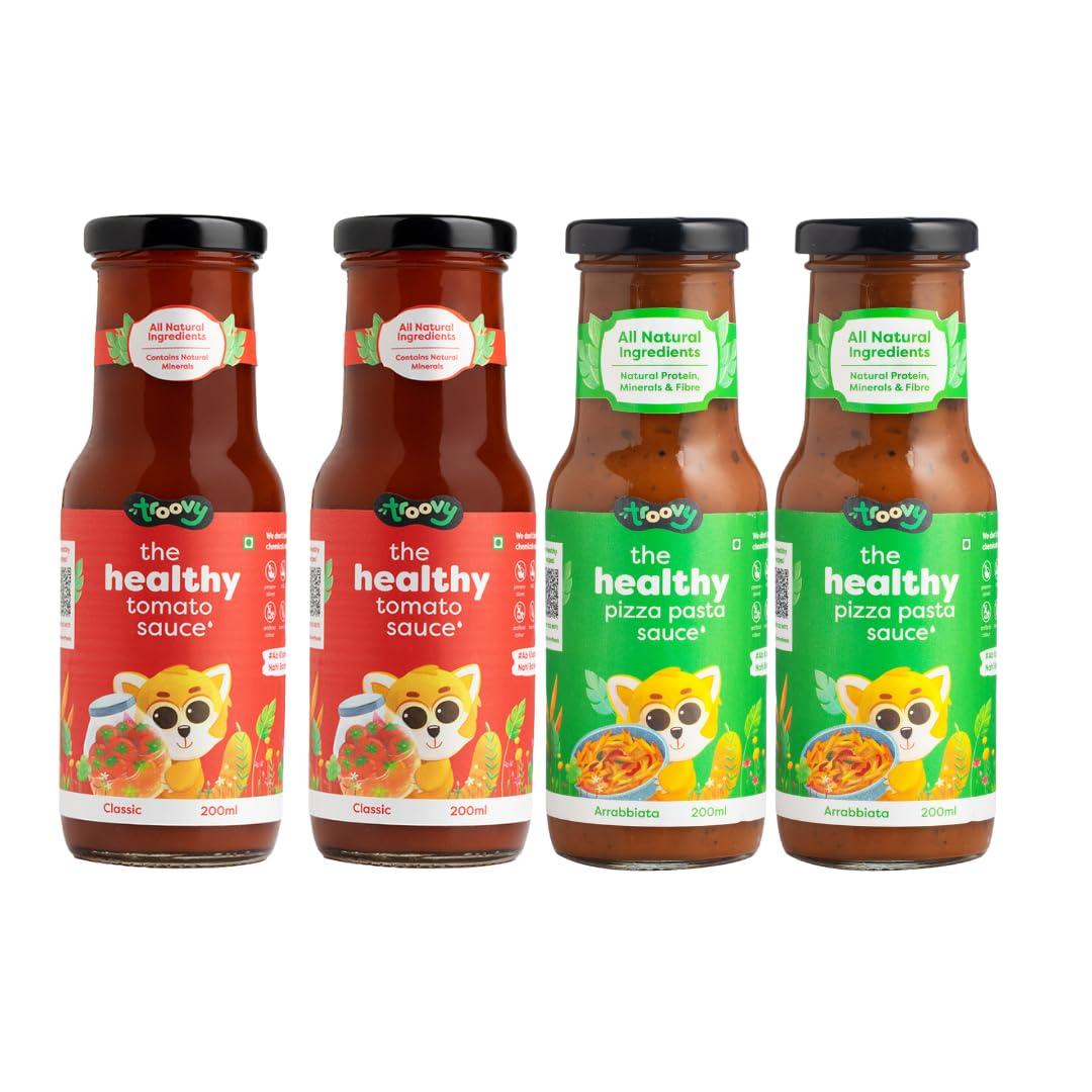 Troovy Troovy Healthy Sauce Spread (2 Tomato sauce, 2 Pizza Pasta sauce) | 100% Chemical Free | No Preservatives | No MSG | No Processed Sugar (uses Jaggery) | All Natural Ingredients | 880 gm (Pack of 4)