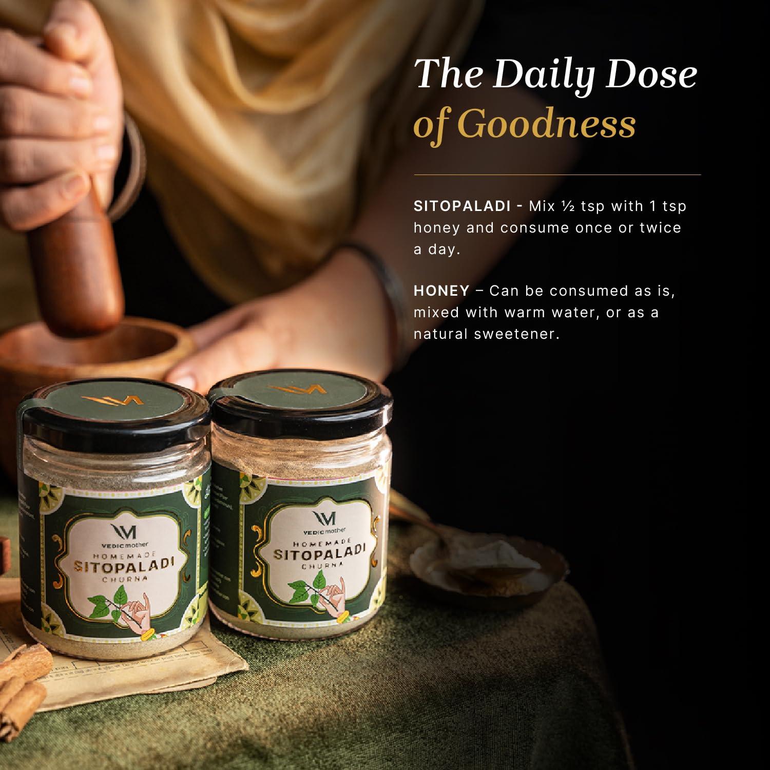 Vedic mother Vedic Mother Cough and Cold Combo Pack of Honey 350gm & Sitopaladi 150gm | Certified Handmade Products with Blend of Natural Herbs & Ingredients | No Added Preservatives