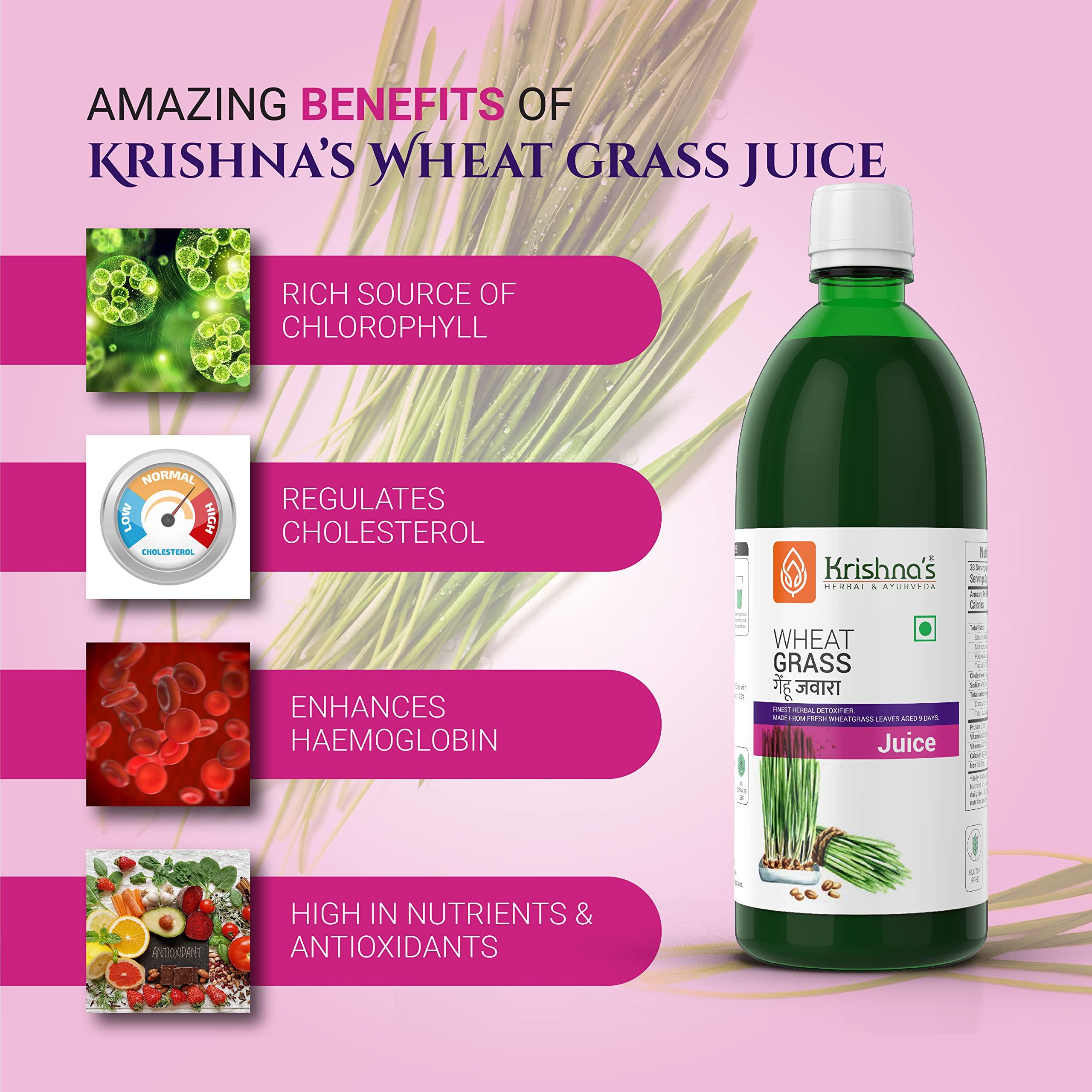 KRISHNA'S HERBAL & AYURVEDA Krishna's Wheatgrass Juice - 1000 ML | Wheat Grass juice 9th day picked wheatgrass leaves | Pure, Natural and Ayurvedic Juice
