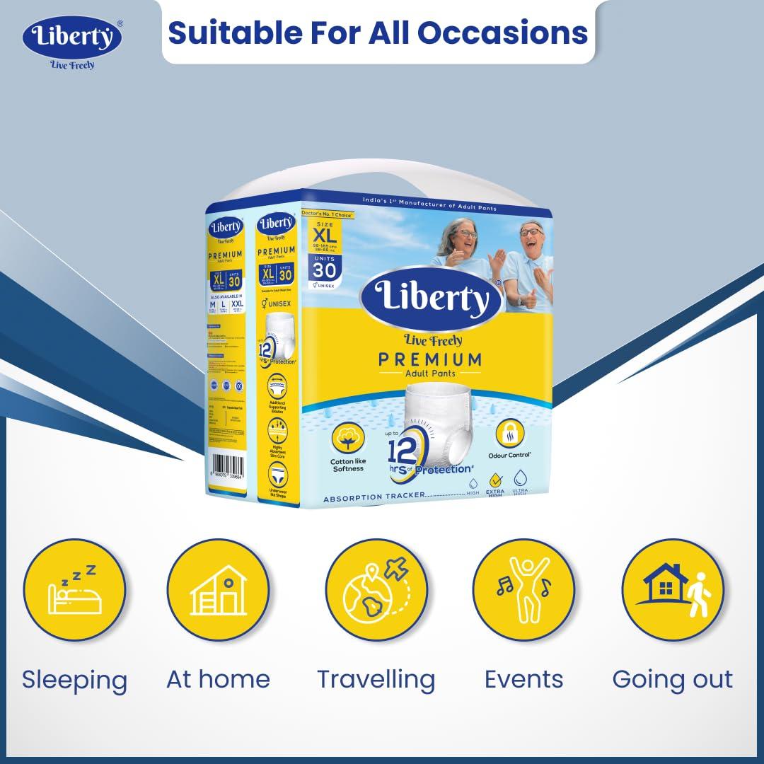 Liberty Liberty Premium Adult Diaper Pants, Extra Large (XL) 60 Count, Waist Size (96-165cm | 38-65 inches), Unisex, Leak Proof, Extra Elastics, High Absorbency, 12 Hrs protection, Pack of 2, 30 count/pack