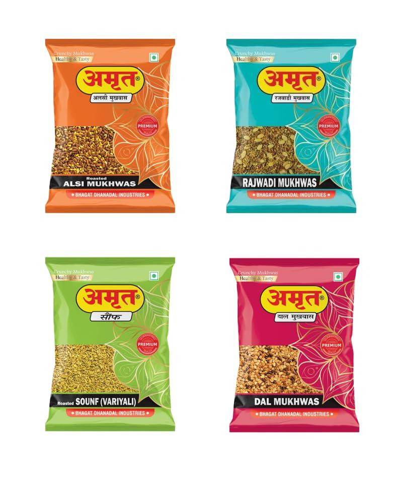 AMRUT AMRUT Combo Of Rajwadi Alsi, Dal, Saunf Mukhwas, (200gm X 4 = 800g) (Pack Of 4) / Salty Coriander Seeds, Digestive Crunchy and Tasty Mouth Freshener Traditional Mukhwas Ready To Eat