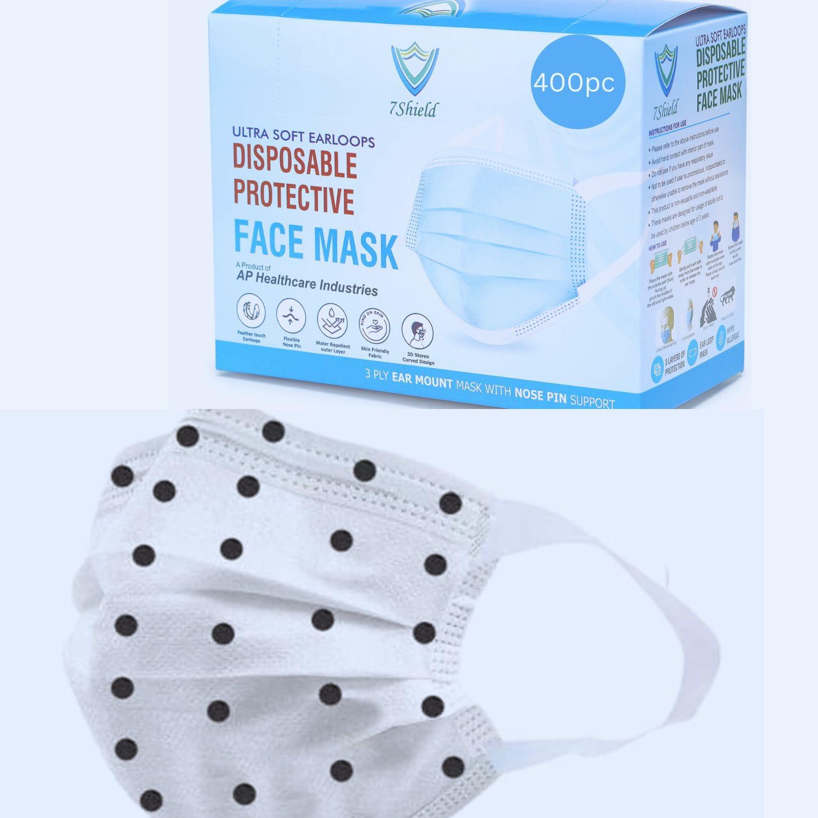 7Shield 7Shield Kids Size Black dot printed Mask with Nose clip and soft fabric ear loop Mask 3 ply disposable filter protection breathable dust proof Water Resistant Surgical Mask(400)