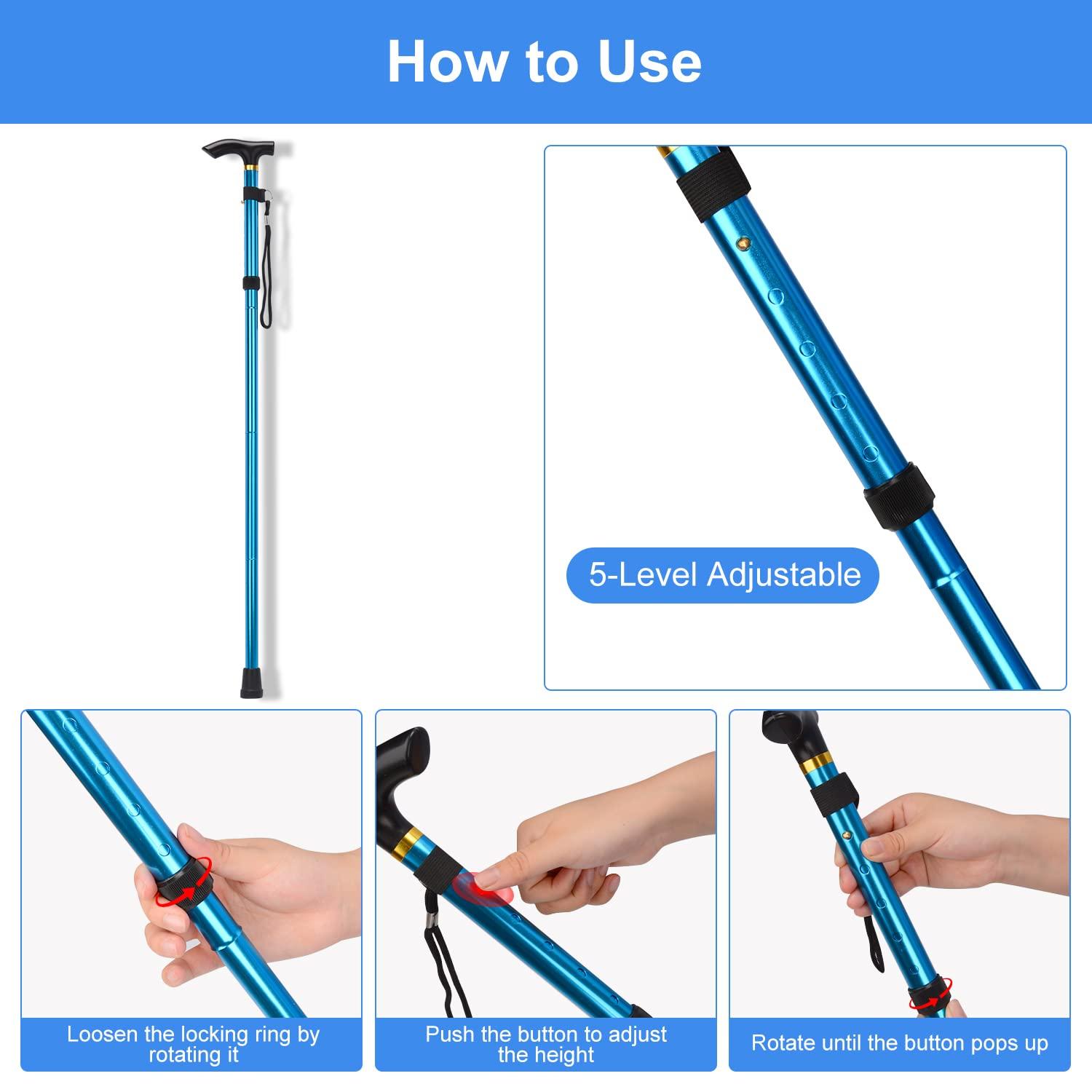 supregear supregear Folding Cane, 5-Level Adjustable Height Walking Stick Lightweight Portable Cane Travel Cane with Wrist Strap and T Handle for Elderly Disabled Men Women, Blue