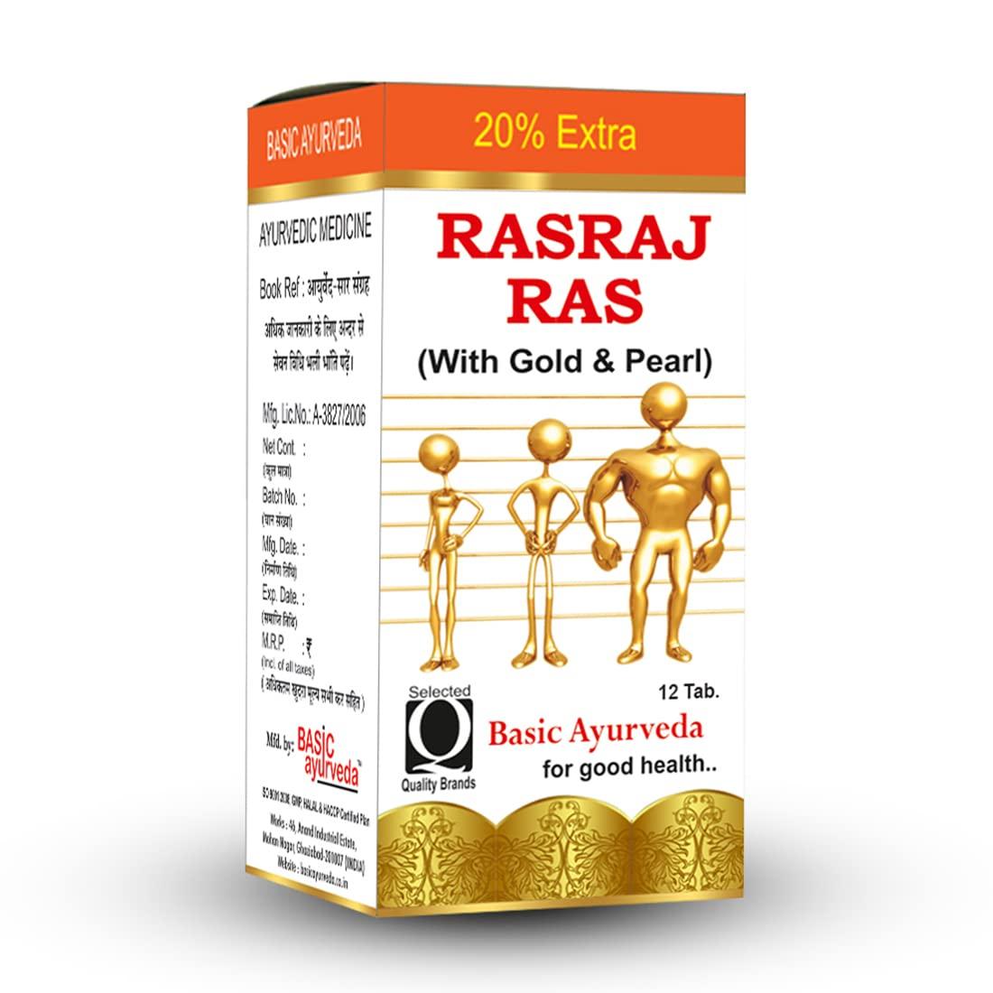 BASIC AYURVEDA BASIC AYURVEDA Rasraj Ras with Gold & Pearl 12 Tablets | Ayurvedic Supplements for Vata Health | A Powerful Blend of Natural Ingredients Extra Strength Formula
