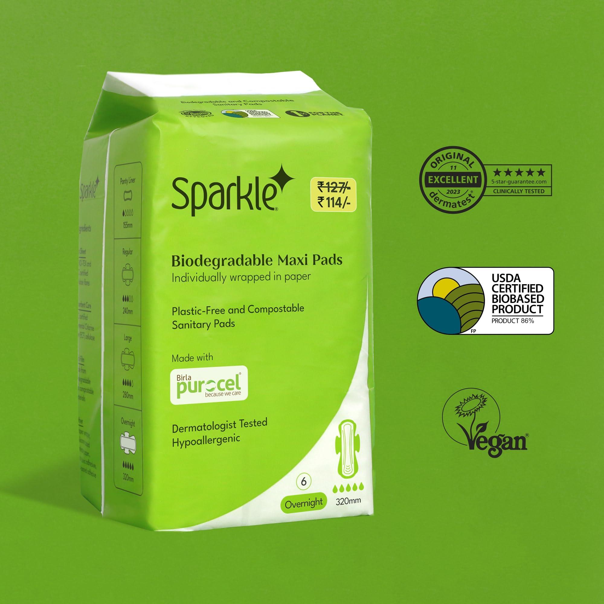 Sparkle Sparkle Biodegradable Sanitary Pads for Women - 24 Pads (Pack of 4), Size - Overnight || Plastic-Free || Unscented || Zero Toxins || Rash-Free || Super Soft Comfortable Top Layer