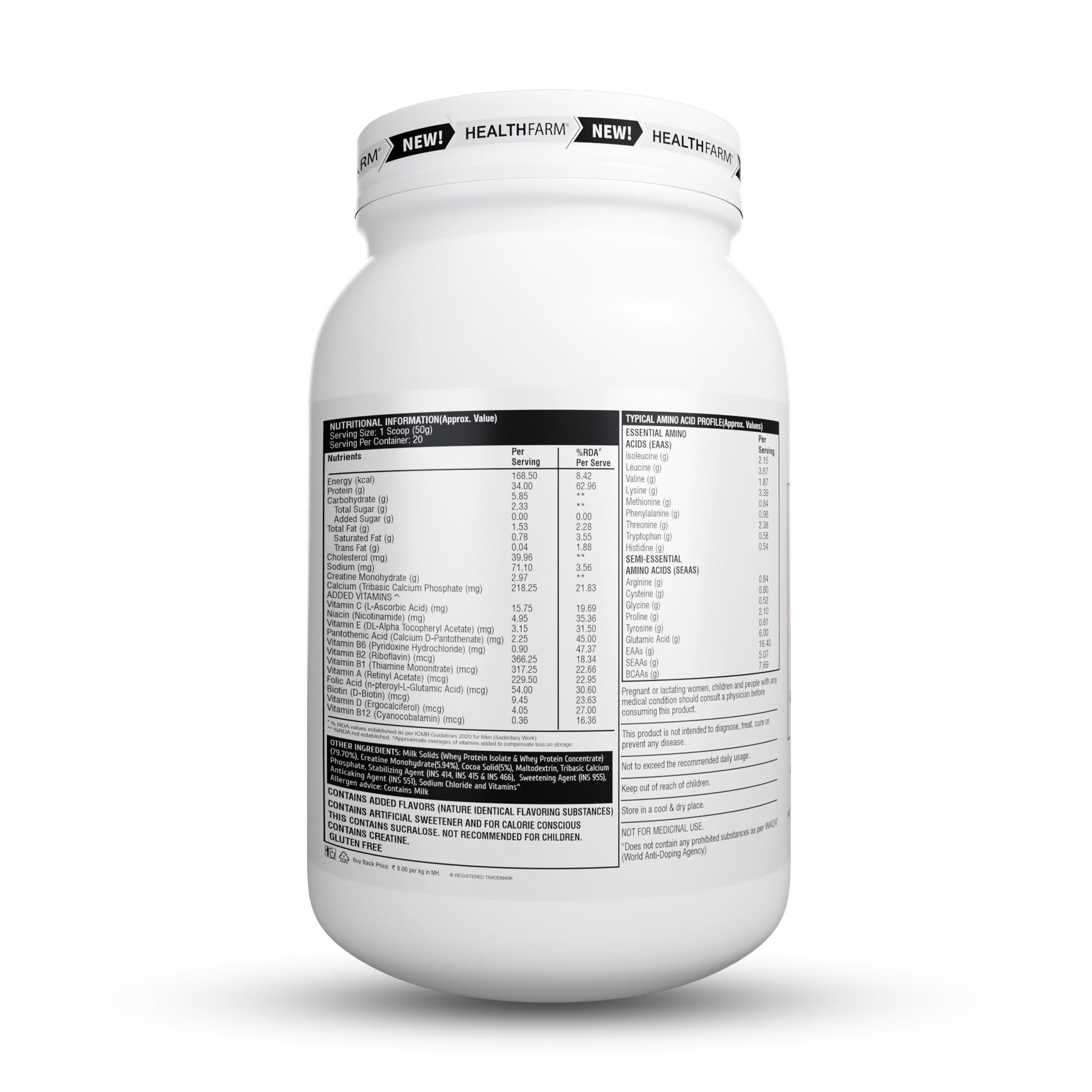 HEALTHFARM Healthfarm Nitra Whey Protein | 34g Protein Per Serving & 3g Added Creatine | Blend of Isolate & Concentrate Protein (Gourmet Coffee, 1kg)
