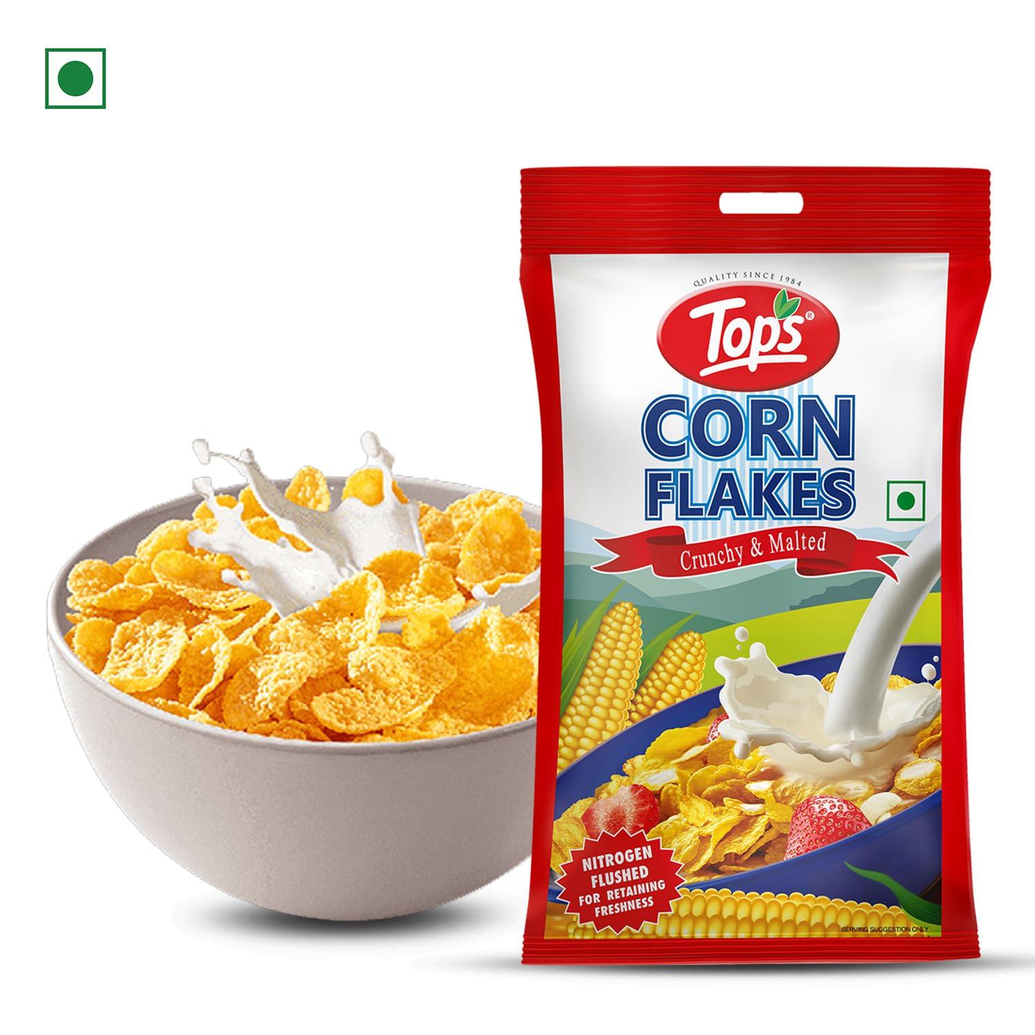 TOPS TOPS Corn Flakes 1 kg (500 gm *2 pouch) | No Added Flavour| Low Fat & Low Cholesterol | Dietary Fibre | Deliciously Crunchy | Breakfast Cereal