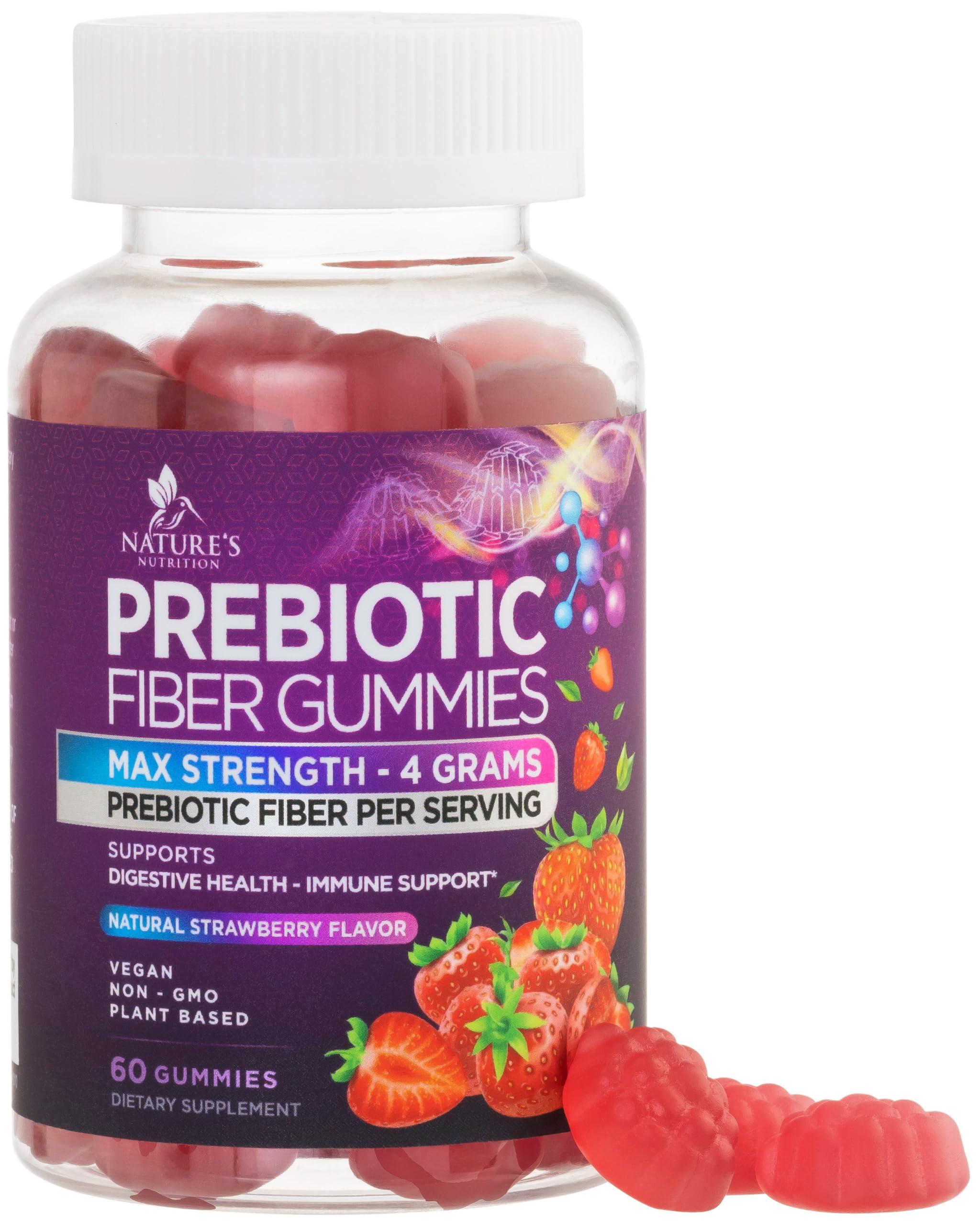 Nature\'s Nutrition Fiber Gummies for Adults Extra Strength Inulin Gummy 300mg - Natural Dietary Fiber Supplement for Natural Digestion Support - 60 Gummies