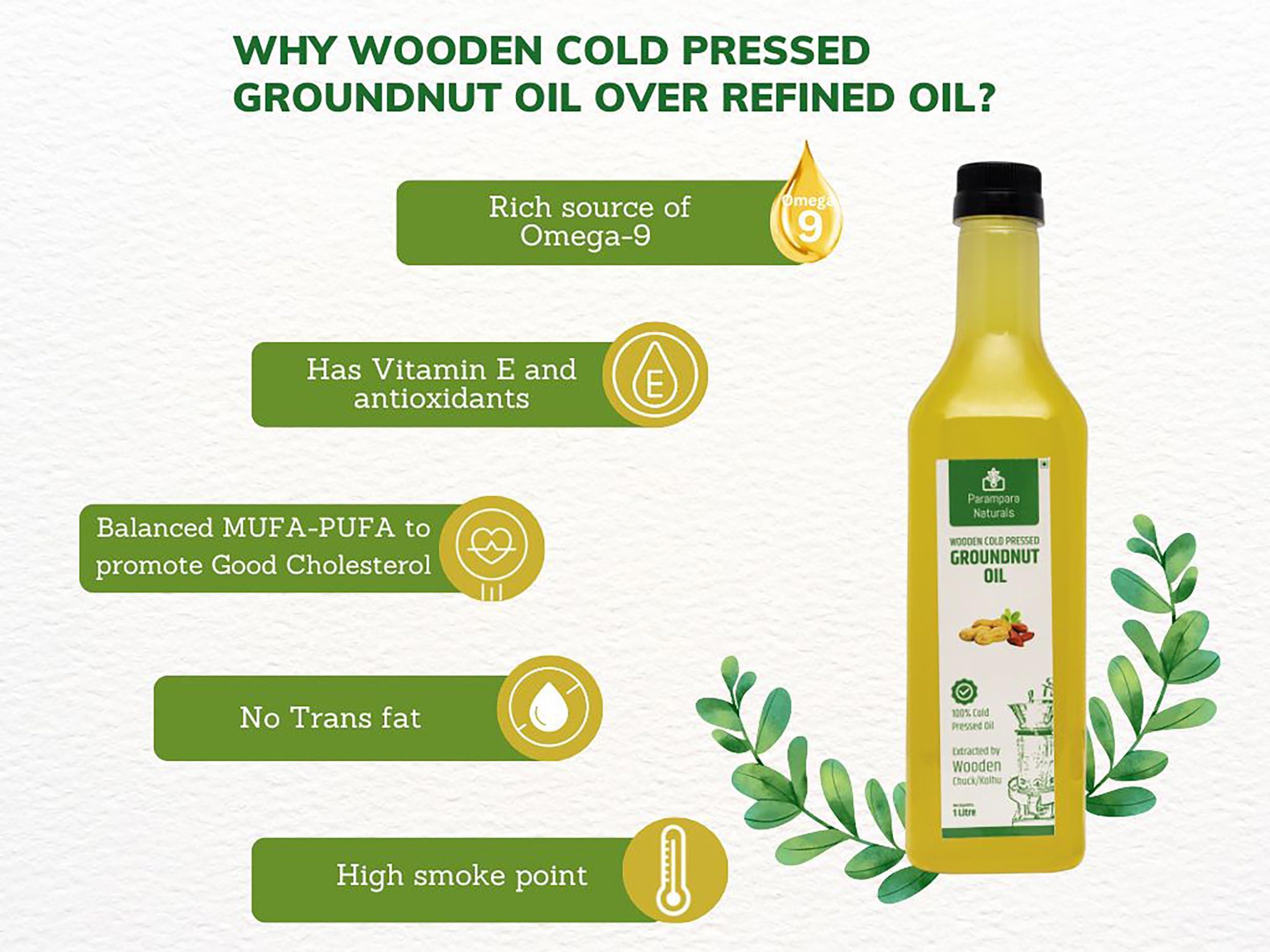 Parampara Naturals Parampara Naturals Peanut Oil Wood Pressed Unrefined Edible for Cooking Cold Pressed Mungfalli Tel Pure & Natural Kacchi Ghani/Chekku Sing Tel Wooden Churner Extraction 1 Litre