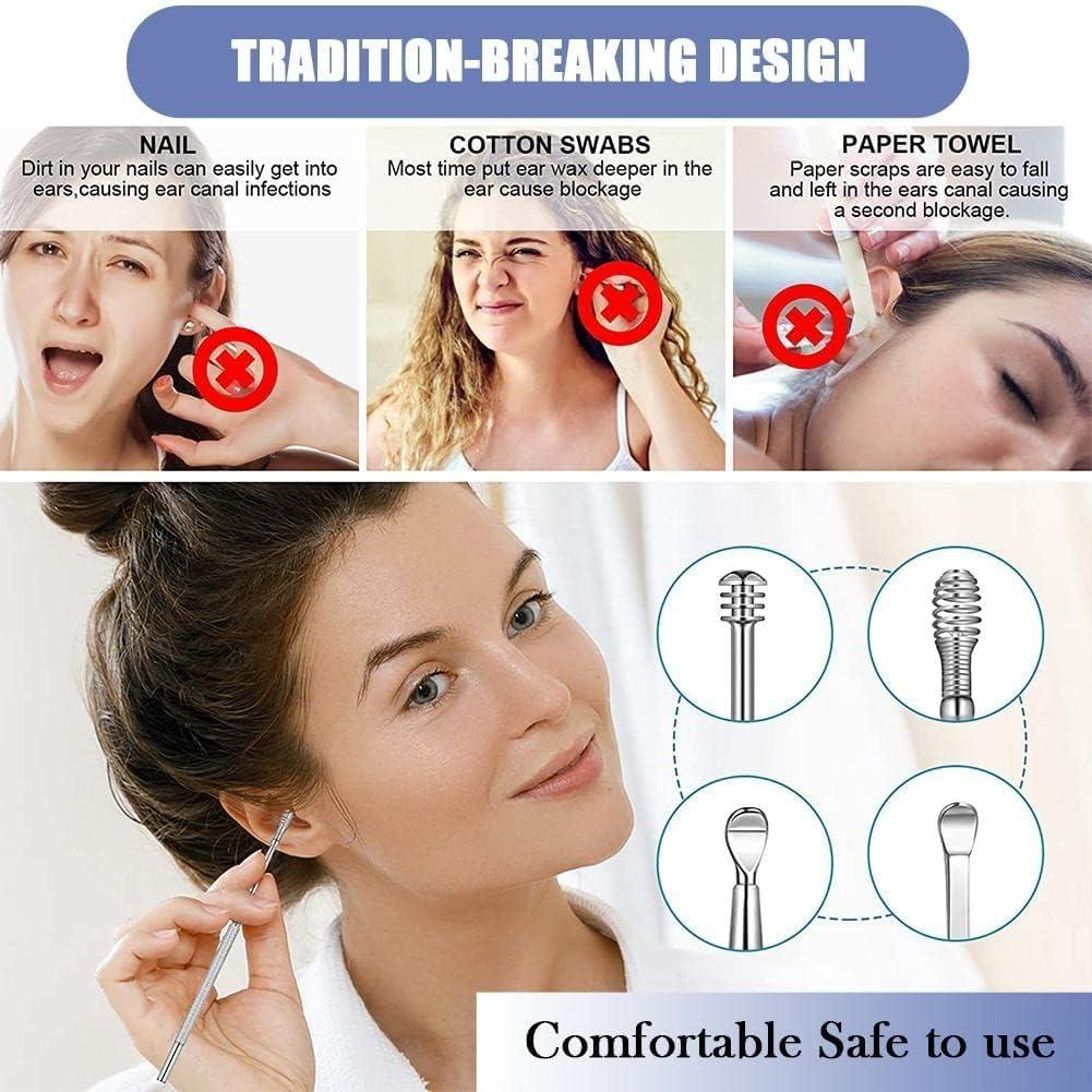 VIVUE VIVUE Ear wax cleaner tool kit set of 6 pieces Wax Removal Deeply Clean Spiral Turn Stainless Steel Cleaning Ear Care Tools with Leather Storage Box Spiral Tool Spoon Cleanser Ear Curette Cleaner (MULTI)