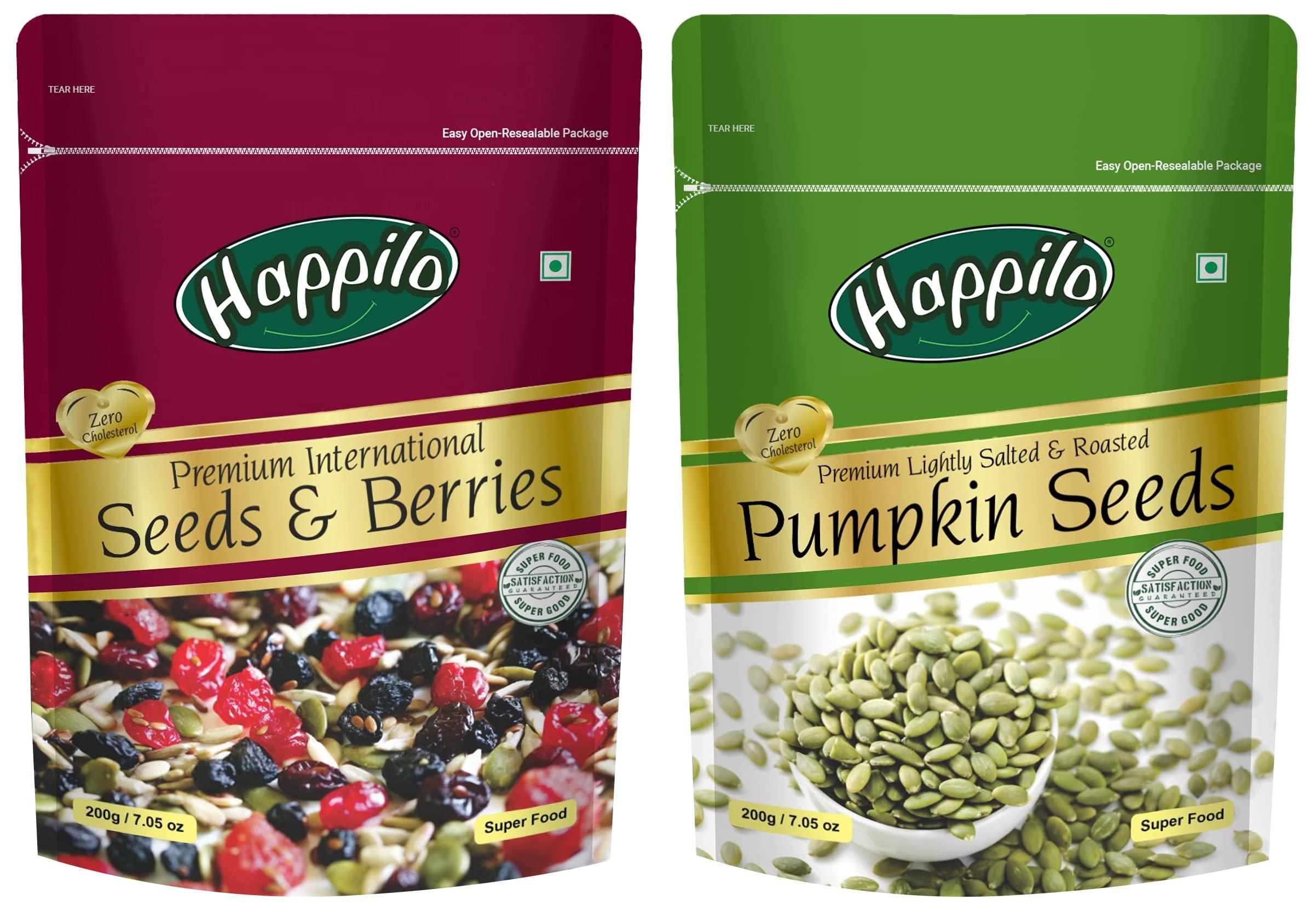 Happilo Happilo Premium Roasted Pumpkin Seeds for Eating 200g, Lightly Salted for Healthy Diet, Immunity Booster and Fiber Rich Superfood & Premium International Whole Seeds & Berries Pouch, 200 g