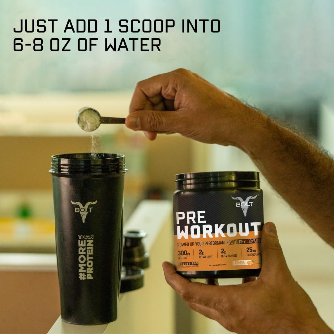 Bolt Bolt Nutrition Pre Workout Supplement With Caffeine Powder, Citrulline Malate, B-Alanine, Taurine For Explosive Energy, Pump & Focus 300G,30 Servings Orange Tangy