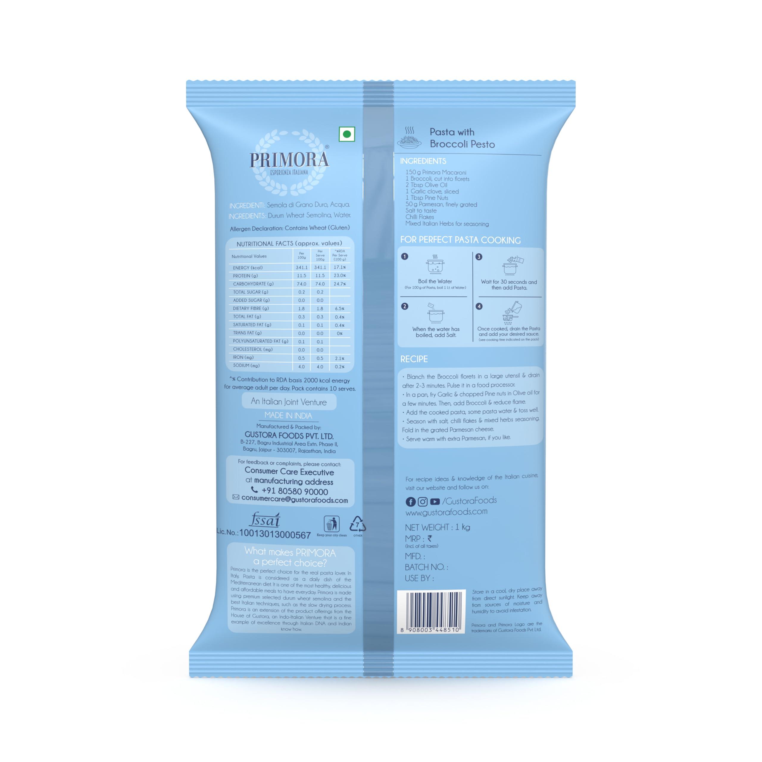 Gustora Gustora Primora Macaroni Pasta 1Kg I Made of Durum Wheat Semolina I No Maida I Vegetarian I Rich in Protein & Fibre I Zero Cholesterol I Cooking Time 10 Min (1KG)