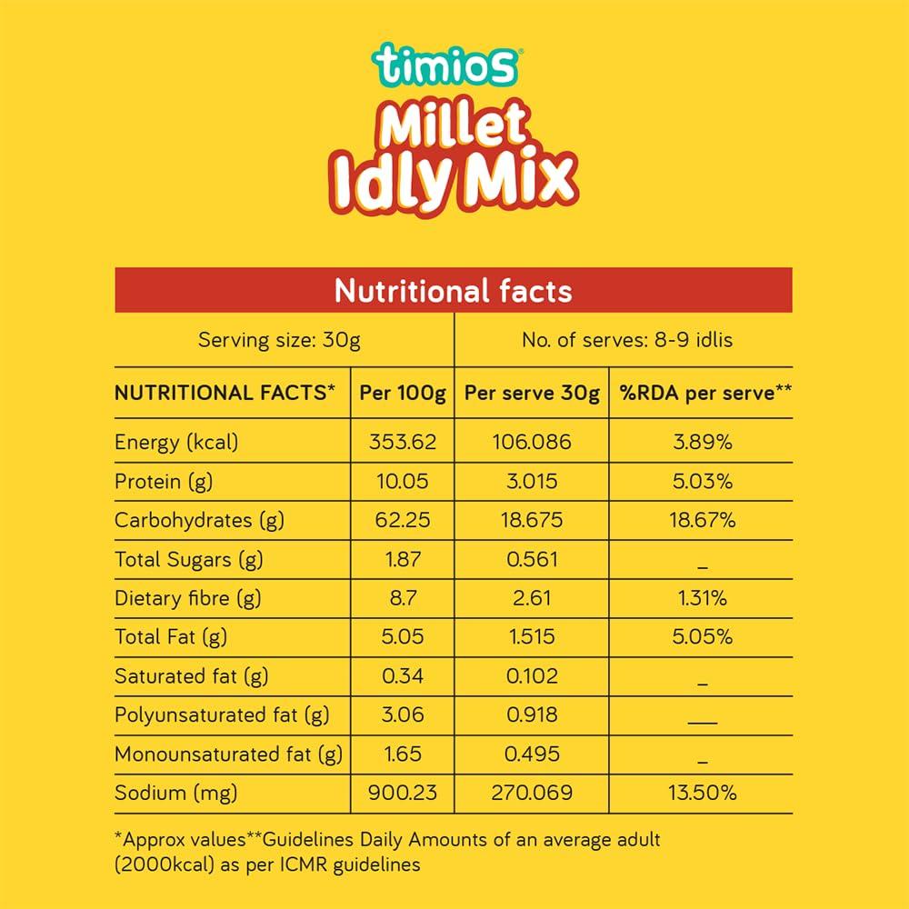 Timios Timios Instant Millet Idly mix | Easy & Ready to Cook Instant Millet Breakfast Mix for Kids | Rich in Protein & High Fiber| 250 g