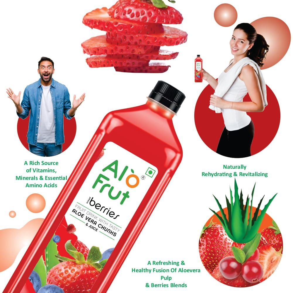 ALO FRUT Alo Frut Berries Aloevera Chunks & Juice 300ml(Pack of 24) - 1 Case | Fruit Juice Mai Aloevera Chunks| Healthy Hai Isme Aloevera Hai | Ready To Serve Drink