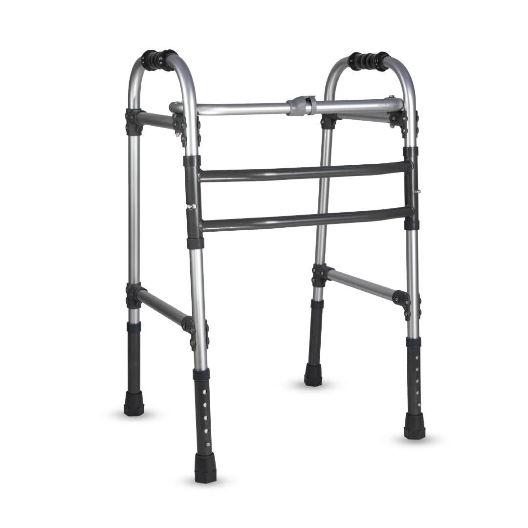 Vissco Vissco Dura Max Walker for Elderly and those Physically Challenged, Foldable, Light Weight & Height Adjustable Walking Aid - Made with Premium Grade Rubber Shoes and PVC Grip - Universal (Black)
