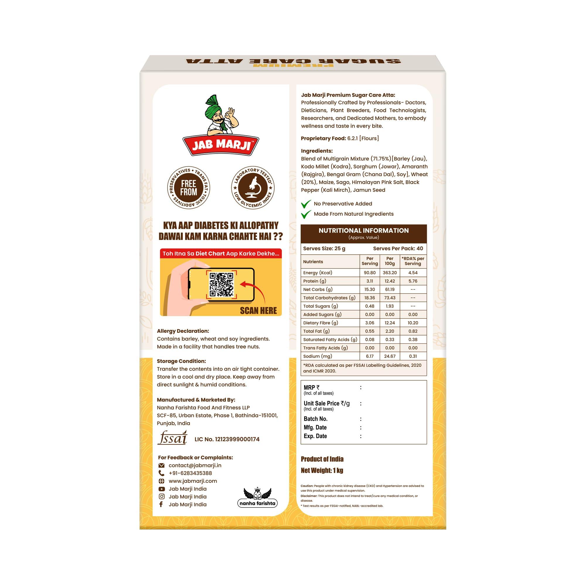 JAB MARJI Jab Marji Sugar Care Atta for Diabetes 3 kg | 80% Millets | Low GI Flour | Jowar, Barley, Chana Dal, Amaranth, Kodo | Sugar Control Multigrain Atta | Weight Loss Flour | Rich in Iron, Calcium, Protein & Fibre