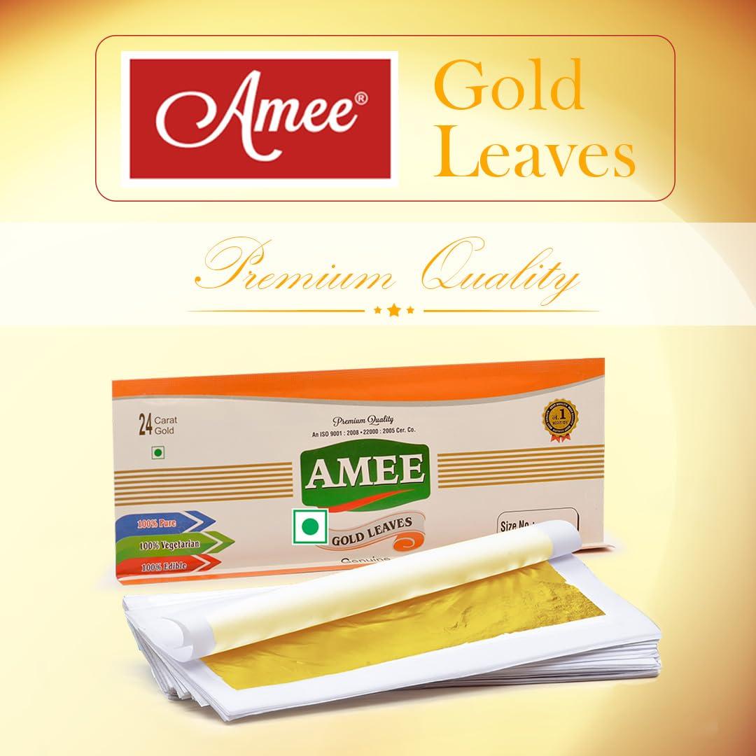 AMEE Amee Edible Gold Leaf Vark | 24K Gold Leaves | For Sweets Decoration, Cakes and Ayurvedic Medicine (3X5Inch - (4 Leaves Sheet X 1 Packet))