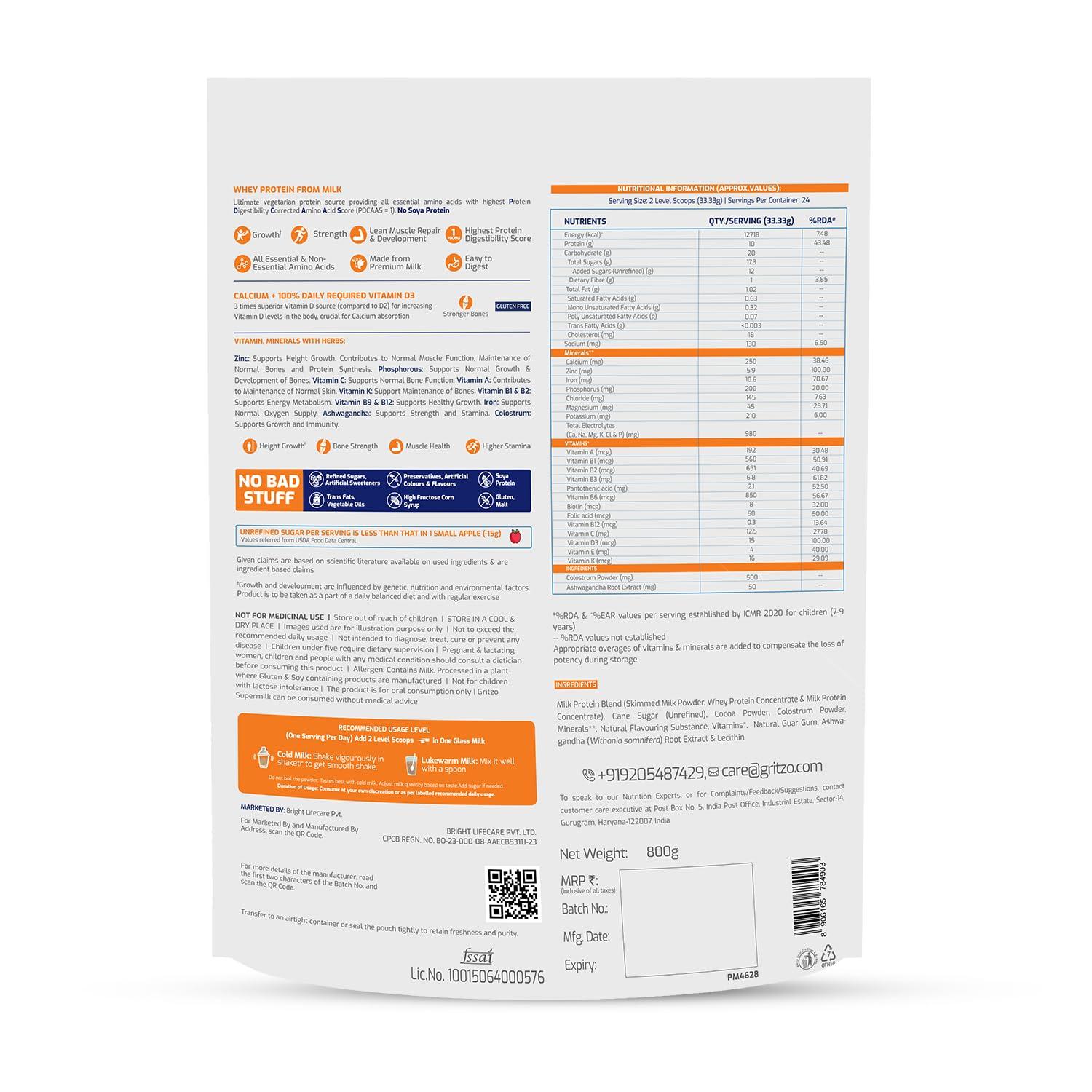 Gritzo Gritzo SuperMilk Height+ (7-12y Boys), 10g Protein Powder (Double Chocolate, 1kg) | Zero Refined Sugar, 21 Vitamins & Minerals