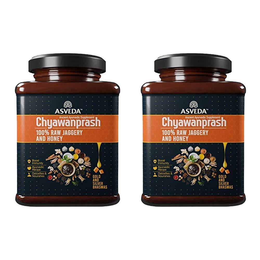 Asveda Asveda Adults and Kid's Sugar Free Chyawanprash with Sona Chandi Bhasma, Jaggery & Raw Honey in Glass Jar for Immunity Booster (1 Kg, 500 gm Each) - Pack of 2