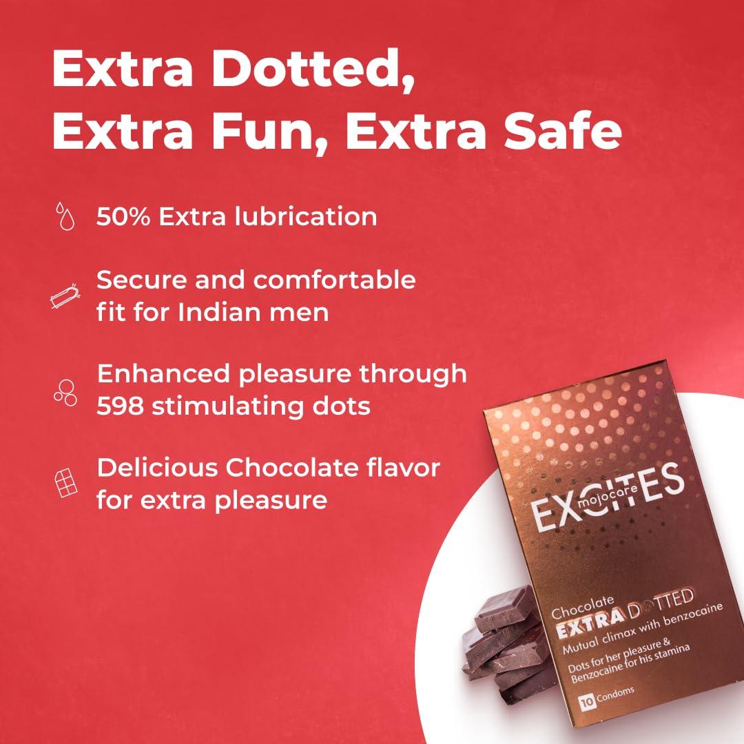 Mojocare Mojocare Excites Extra Dotted Chocolate Condoms for Men - 10 Sheets | Enhanced Stimulation | Improve Endurance | Extra Lubrication | Chocolate Flavor | 598 Dots