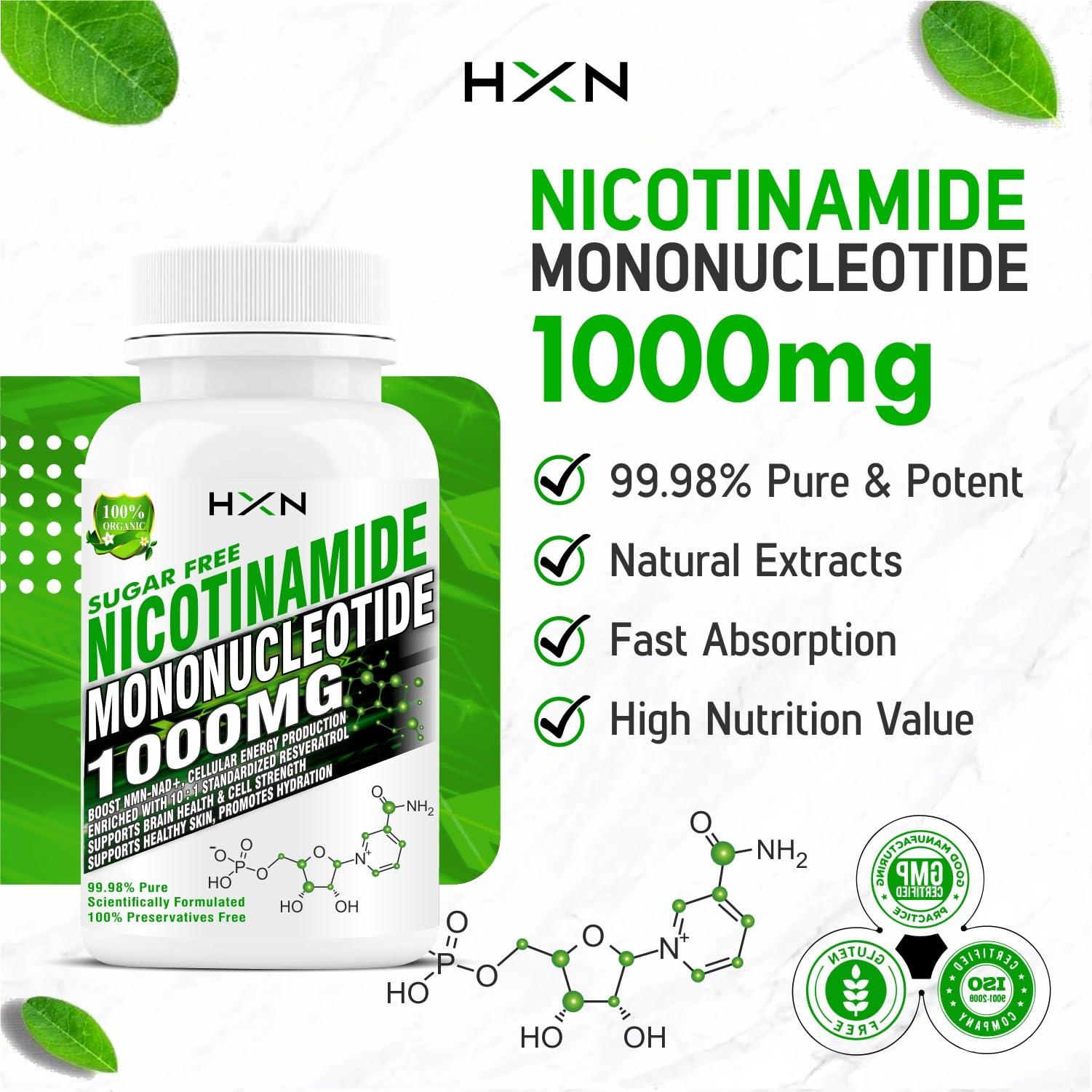 HXN HXN Nicotinamide Mononucleotide NMN Supplements 1000mg With Trans Resveratrol, Ultra High Strength 99.98% Pure NAD Plus Supplement-60 Sugar Free Tablet (Pack 1) (midium, 60)