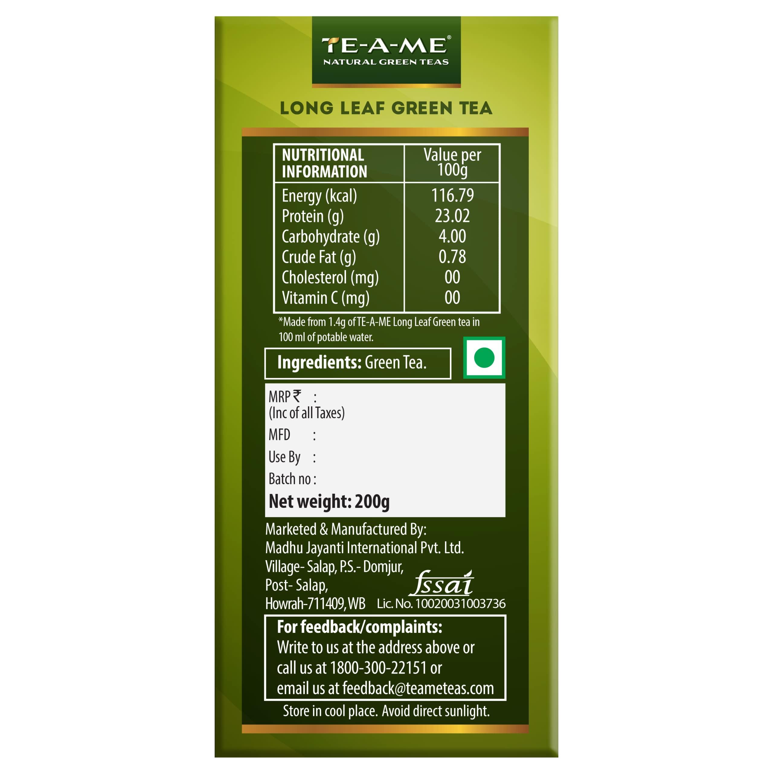 TE-A-ME TE-A-ME Long Leaf Green Tea, 200 gms | Green Tea | Green Tea Loose Leaves | Loose Green Tea | Loose Green Tea Leaves | Pure Green Tea
