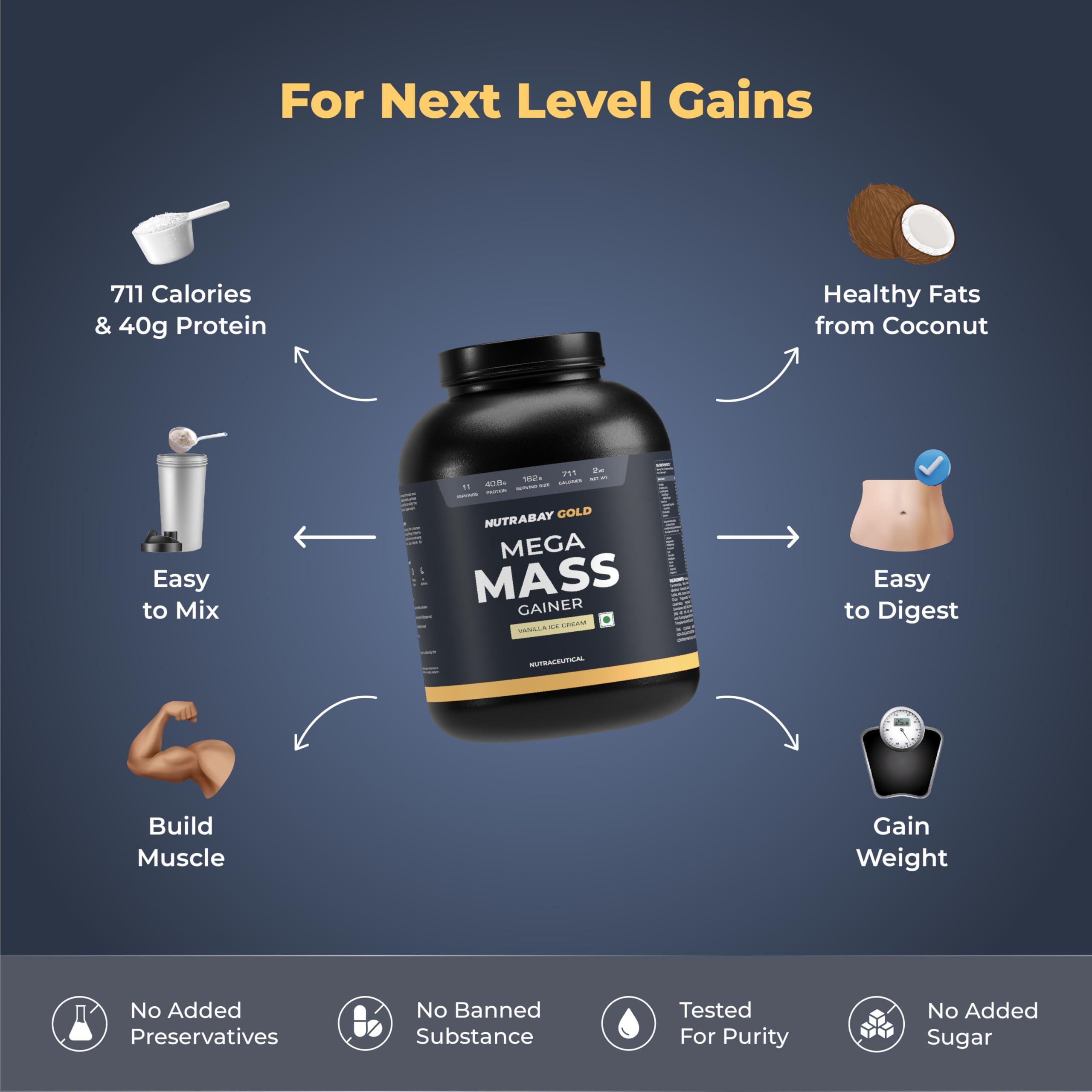 Nutrabay Nutrabay Gold Mega Mass Gainer Powder - 2kg, Vanilla Ice Cream | 100% Veg | 40.8g Protein, 123g Carbs, 711 Calories | Muscle Building & Weight Gainer Supplement for Men & Women