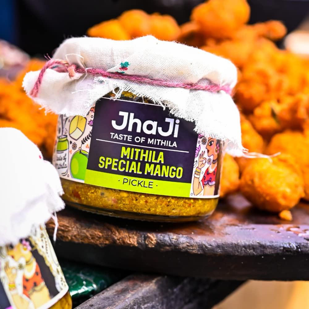 JhaJi - Taste of Mithila JhaJi - Taste of Mithila Special Mango Pickle|Bihari Style Aam Ka Achaar|Tangy & Spicy|Masaledaar & Khatta|1-Inch Mango Pieces|Sun-Dried. No Artificial Preservatives & Colors|Bihari-Style Pickle,250G