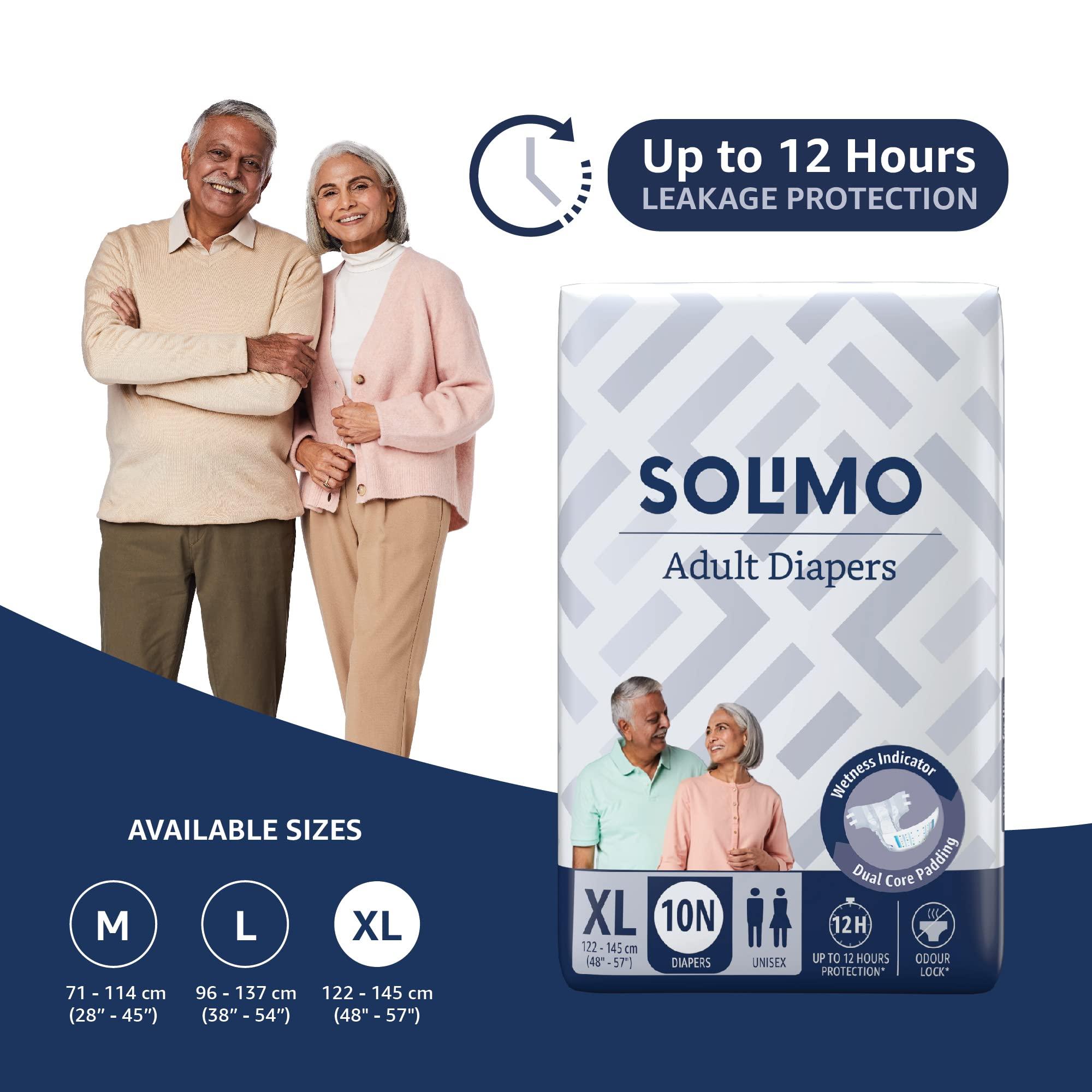 Amazon Brand - Solimo Amazon Brand - Solimo Adult Diapers, Tape Style | Pack of 30 | XL Size | Waist 48-57 in (122-145 cm) | Unisex | Quick Absorption | Leak Proof Upto 12 Hours | Wetness Indicator | For Men & Women