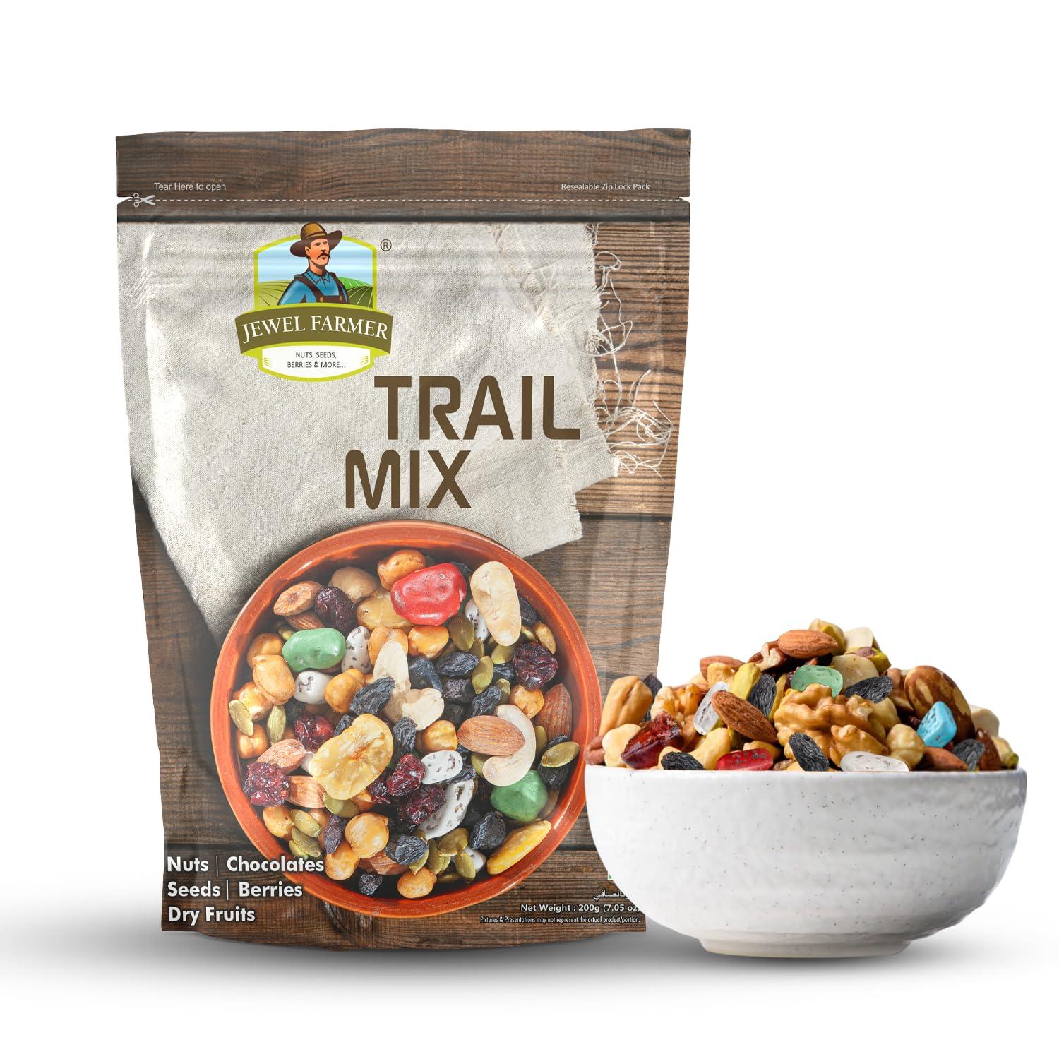 JEWEL FARMER JEWEL FARMER Trail Mix with Chocostones, Almonds, Cashewnuts, Cranberries, Chickpeas, Pumpkin Seeds, Black Raisins, Broad Beans, Sugar, Sunflower Oil & Edible Salt (200g)