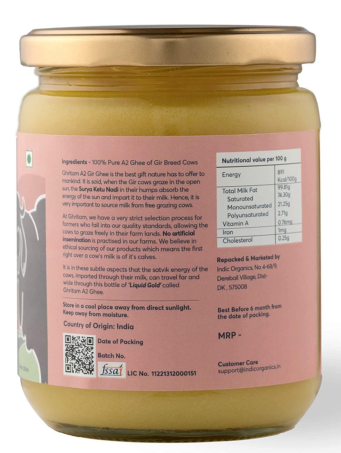 INDIC ORGANICS Indic Organics Gir Cow\'s A2 Ghee | Free Grass Grazing Healthy Gir Cow\'s Bilona Ghee from Khatiyawad Region of Gujrat | Lab Certified & Tested (250 ml)