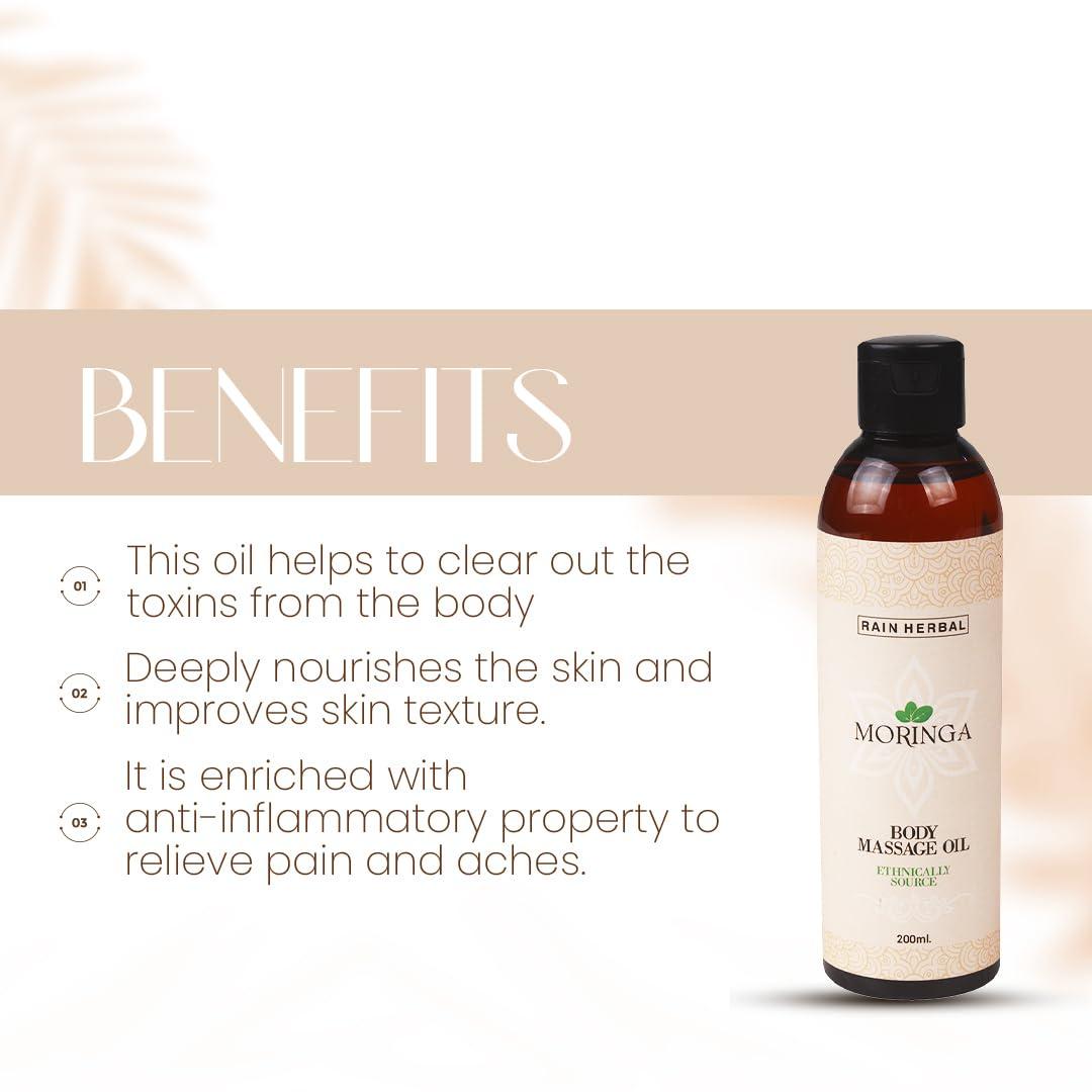 Rain Herbal RAIN HERBAL Moringa Body Massage Oil with Jojoba & Coconut Oil | Body Oil for Women & Men | Full Body Deep Tissue Massage Therapy | Natural Ingredients | No Parabens & Sulphates | 200ml