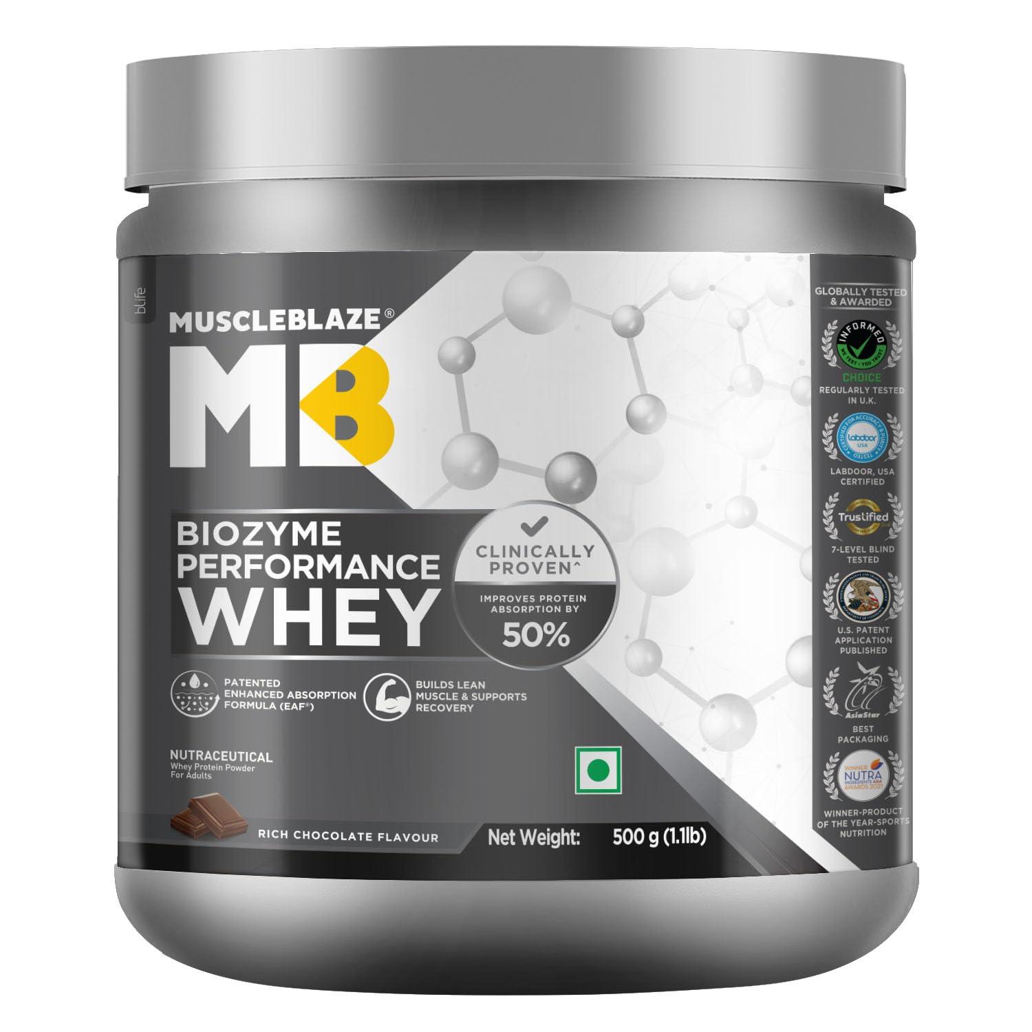MuscleBlaze MuscleBlaze Biozyme Performance Whey Protein | Clinically Tested 50% Higher Protein Absorption | Informed Choice UK, Labdoor USA Certified & US Patent Filed EAF (Rich Chocolate, 500 g / 1.1 lb)