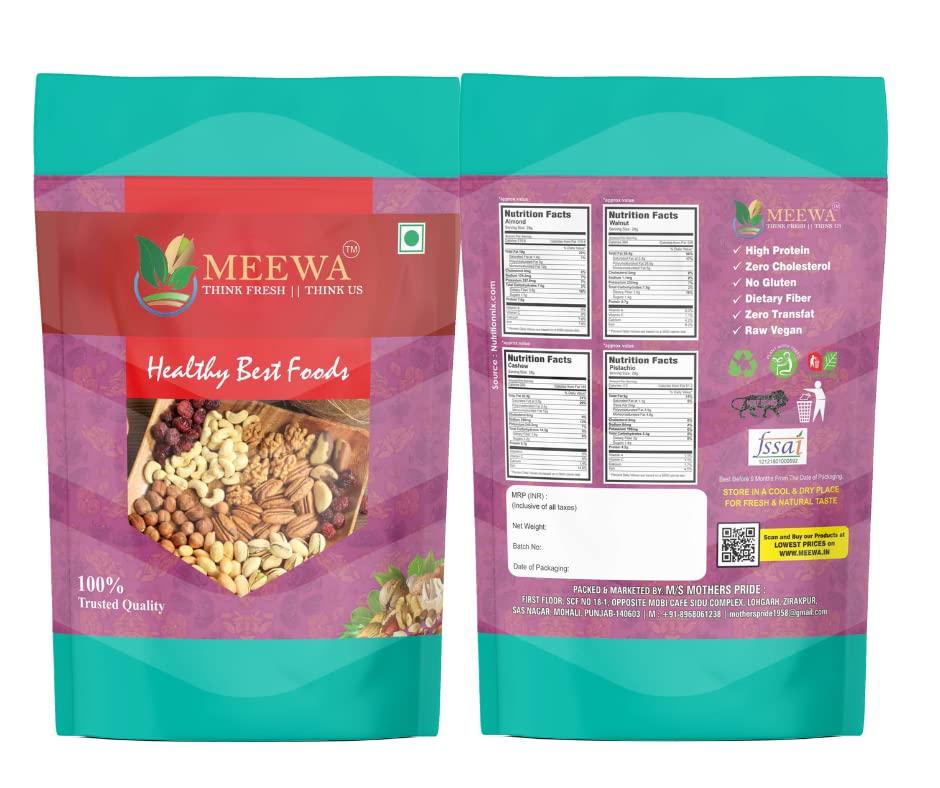 MEEWA THINK FRESH THINK US Meewa Premium 1 Kg Mixed Nuts Dry Fruits Trail Mix 1000g Dried Almonds, Black Raisins, Cashewnuts, Cranberries, Green Raisins, Flax seeds, Punpkin Seeds & Walnut Kernels