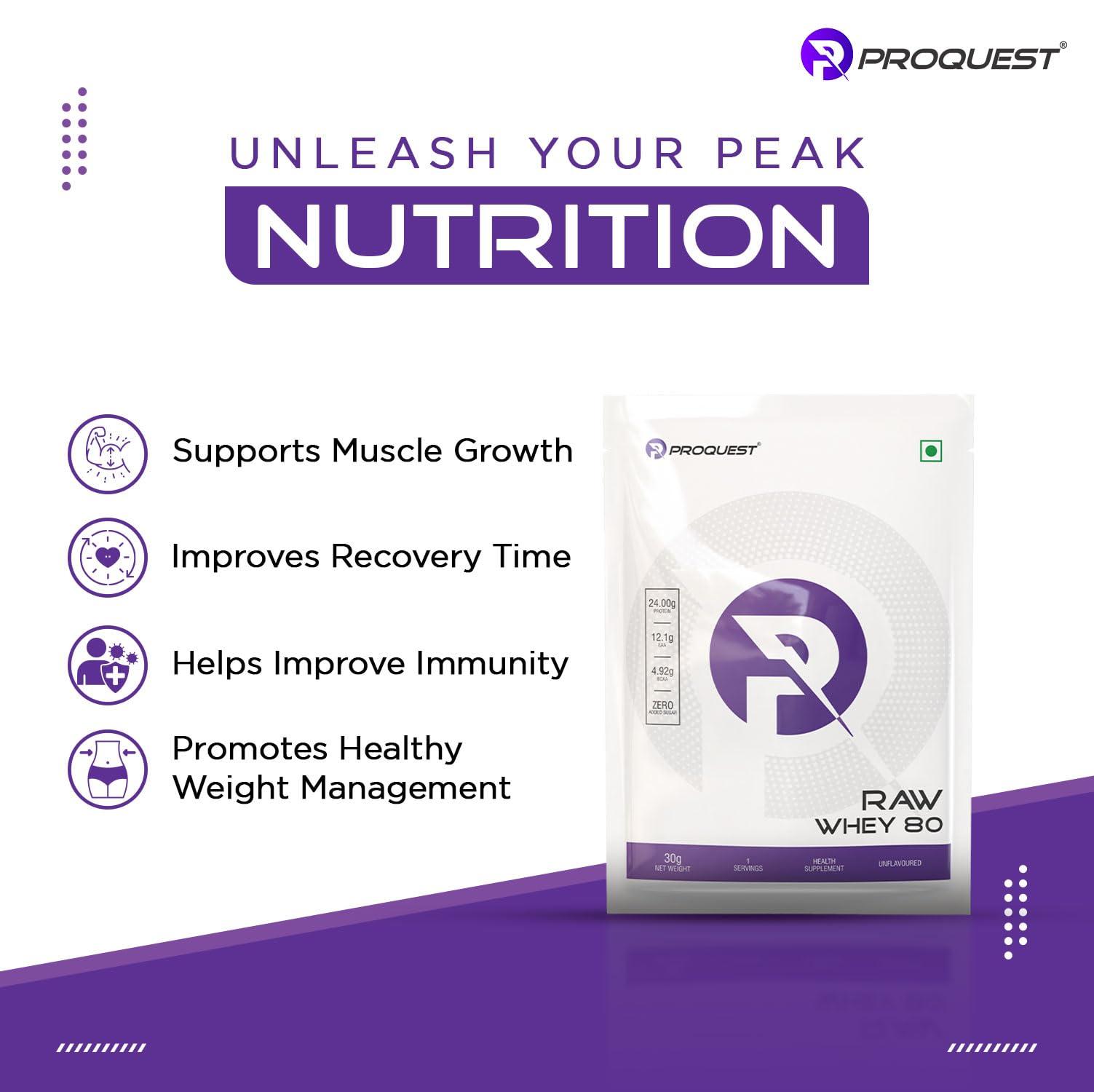 PRO QUEST ProQuest Raw Whey Protein Concentrate (Unflavoured, 30g / Single Serving Sachet) | 24g Protein Per Scoop | 4.9g BCAA & 12.1g EAA | Lab Tested & Easily Digestive | Faster Muscle Support & Recovery