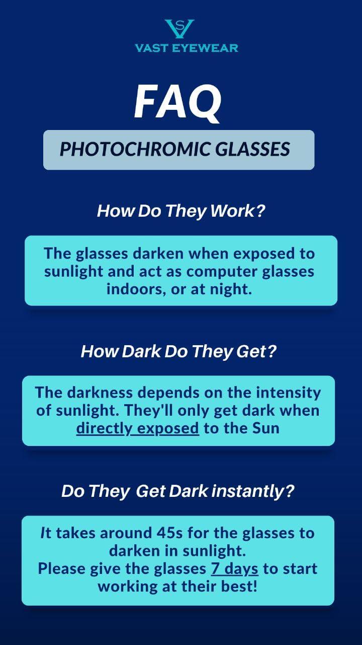 Vast Vast Photochromic Blue Cut Computer Glasses for Eye Protection | Zero Power Anti Glare & Blue Light Filter Glasses | UV Protect Specs for Men & Women| Frames| Blue Cut Lens (WRAP AROUND STYLE)