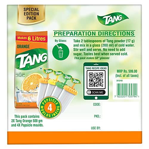 Tang Tang Instant Drink Mix - Orange, 500 g - Pack of 2 with 4 Popsicle moulds