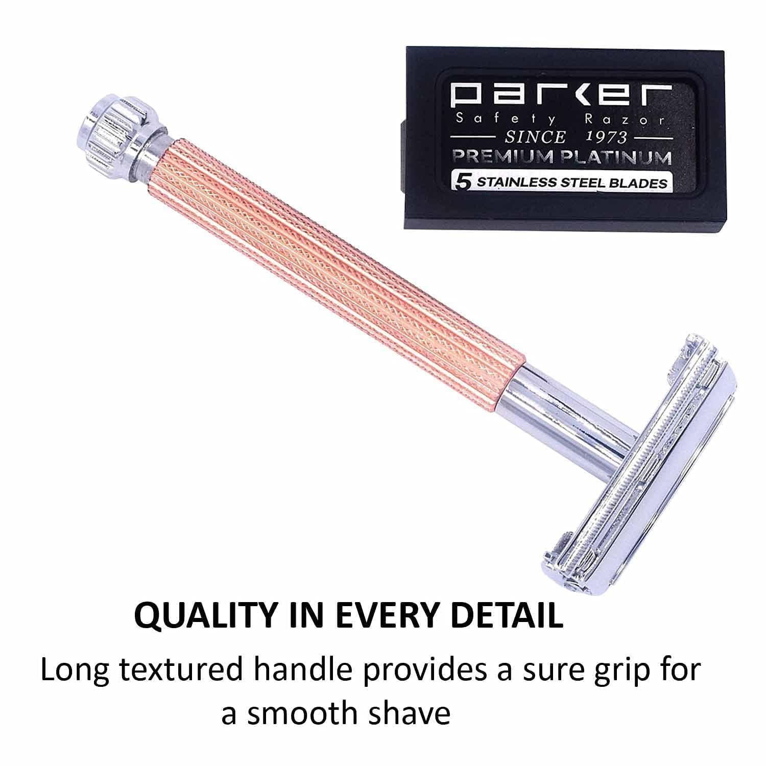PARKER Safety Razor Parker 29L Long Handle Women's Double Edge Butterfly Open Double Edge Safety Razor (Rose Gold) with 5 Parker Premium Platinum Blades Textured Plated Brass Handle