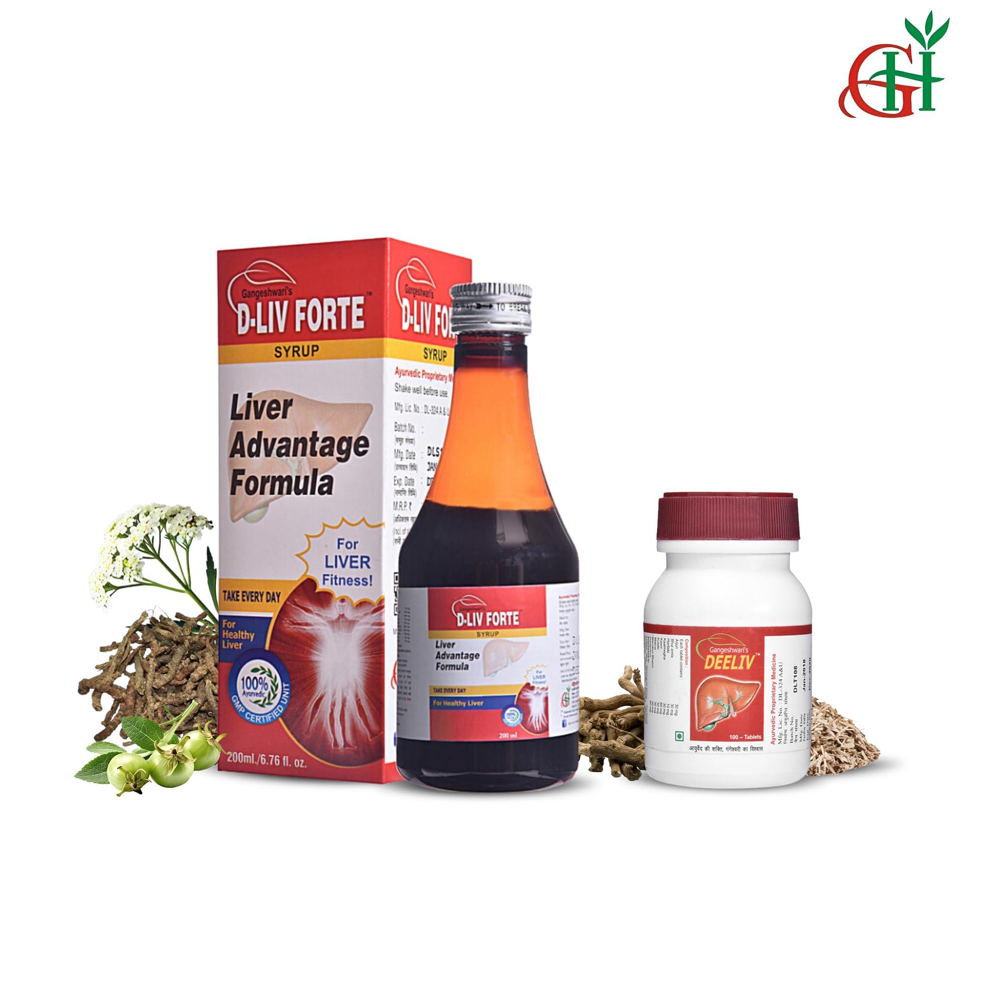 Gangeshwari Herbals D-Liv Forte Syrup-200ML (2Pcs.) & D-Liv Tablet 100Tb. Combo I Enriched with Gokhru, Punernanva