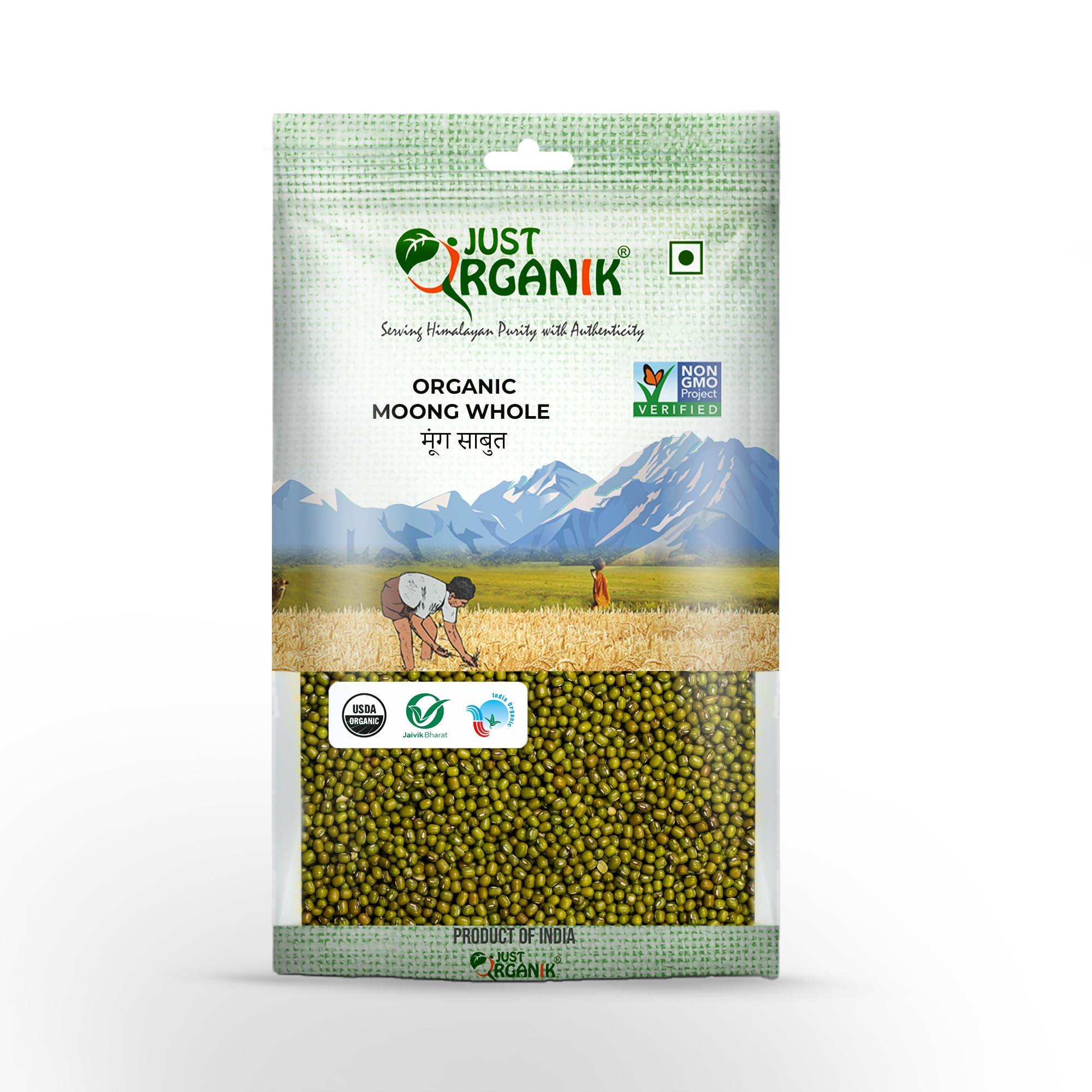 JUST ORGANIK Just Organik Moong Whole 2 Kg, (2 x 1 Kg), 100% Organic | moong dal | green moong whole | naturally gluten free | rich in protein | hari moong | sabut moong pack of 2