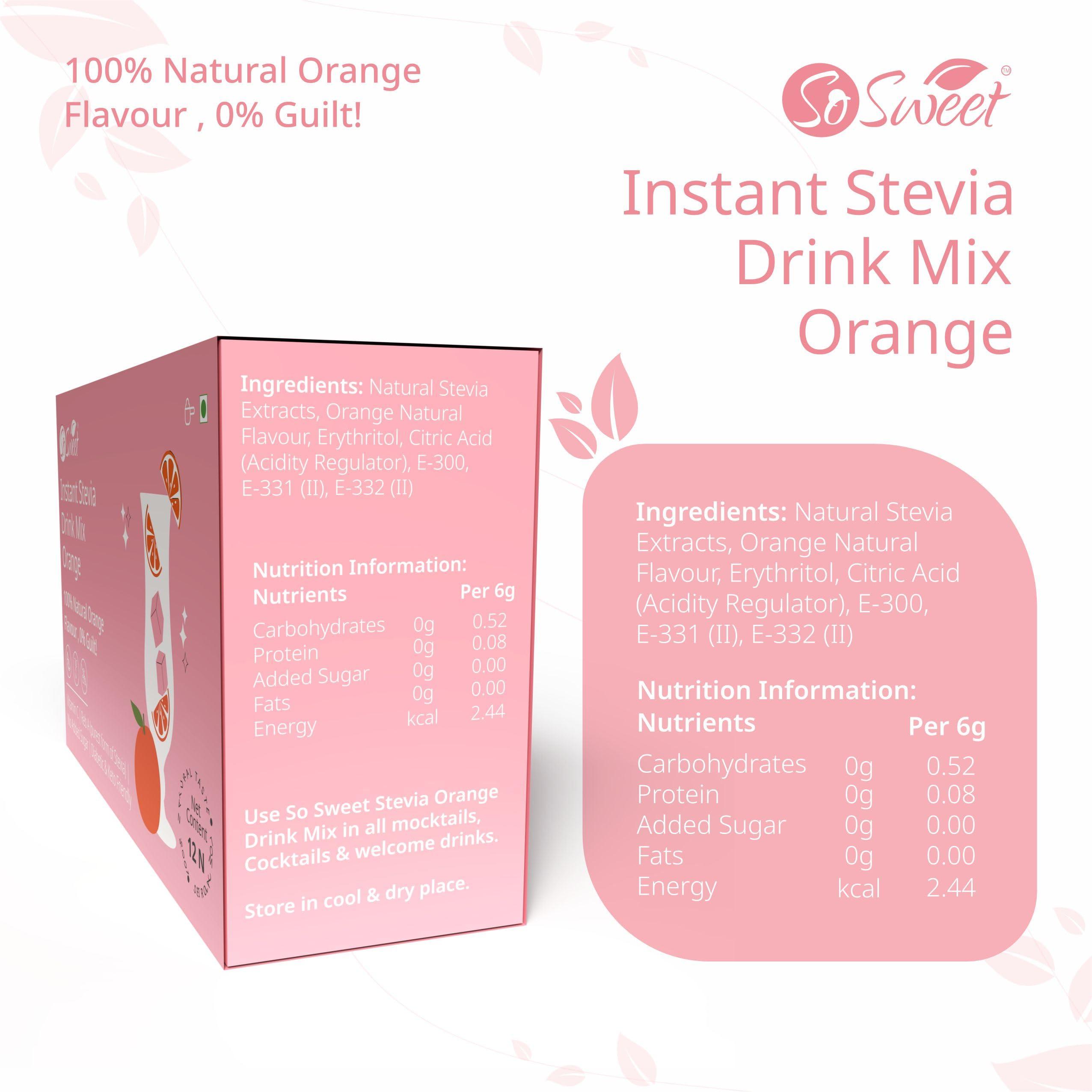 So sweet So Sweet Stevia Orange Instant Drink Mix Sugar Free | Zero Calories| Enrich with Vitamin C | 12 Sachets -Pack of 5
