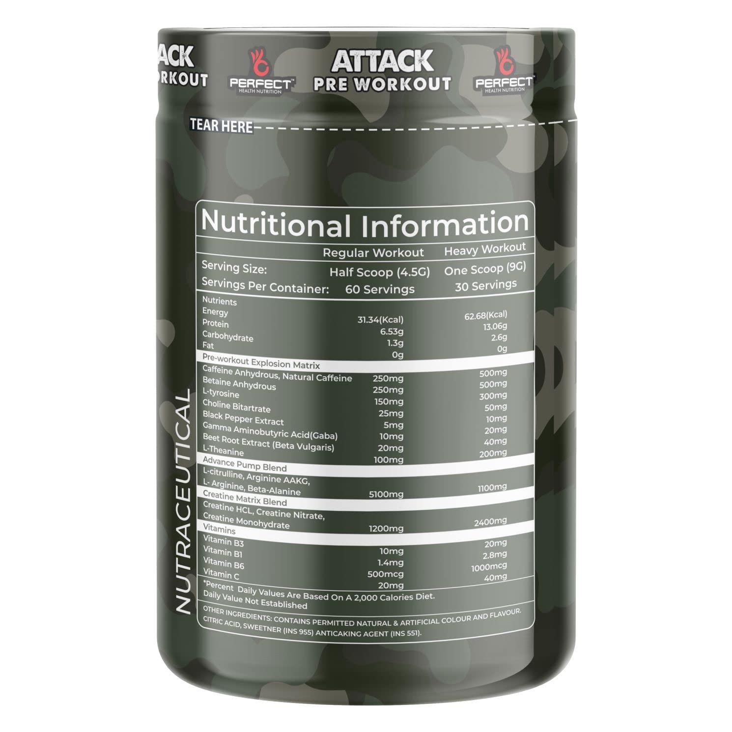 PERFECT HEALTH NUTRITION Perfect Health Nutrition, Attack (Pre-Workout) with 250mg Caffeine, Helps in Better Endurance, Increased Energy, Elevated Focus and Reduces Fatigue (270gm, 30/60 Servings) (Watermelon)