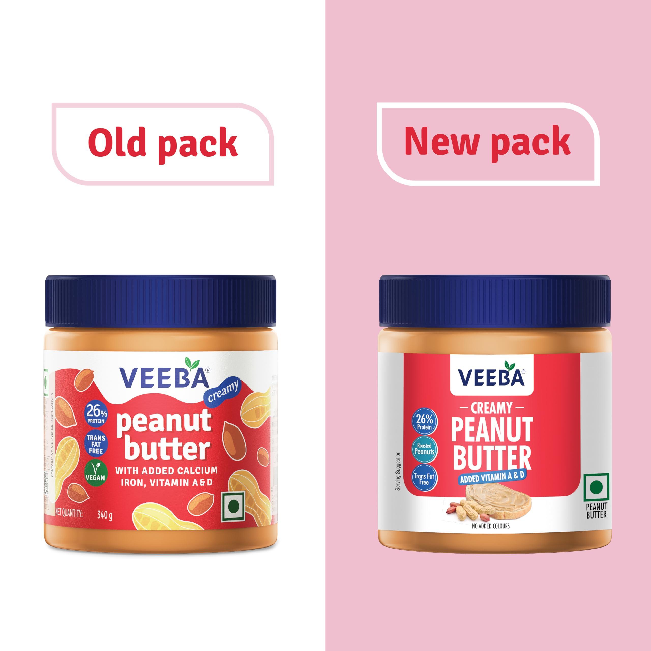 VEEBA Veeba Peanut Butter Creamy | Smooth | High Protein | Naturally Gluten Free | Vegan | Trans Fat Free | No Added Preservatives | Added Calcium, Iron, Vitamin A & D | No Added Colour & Flavour | Non GMO | 340 g