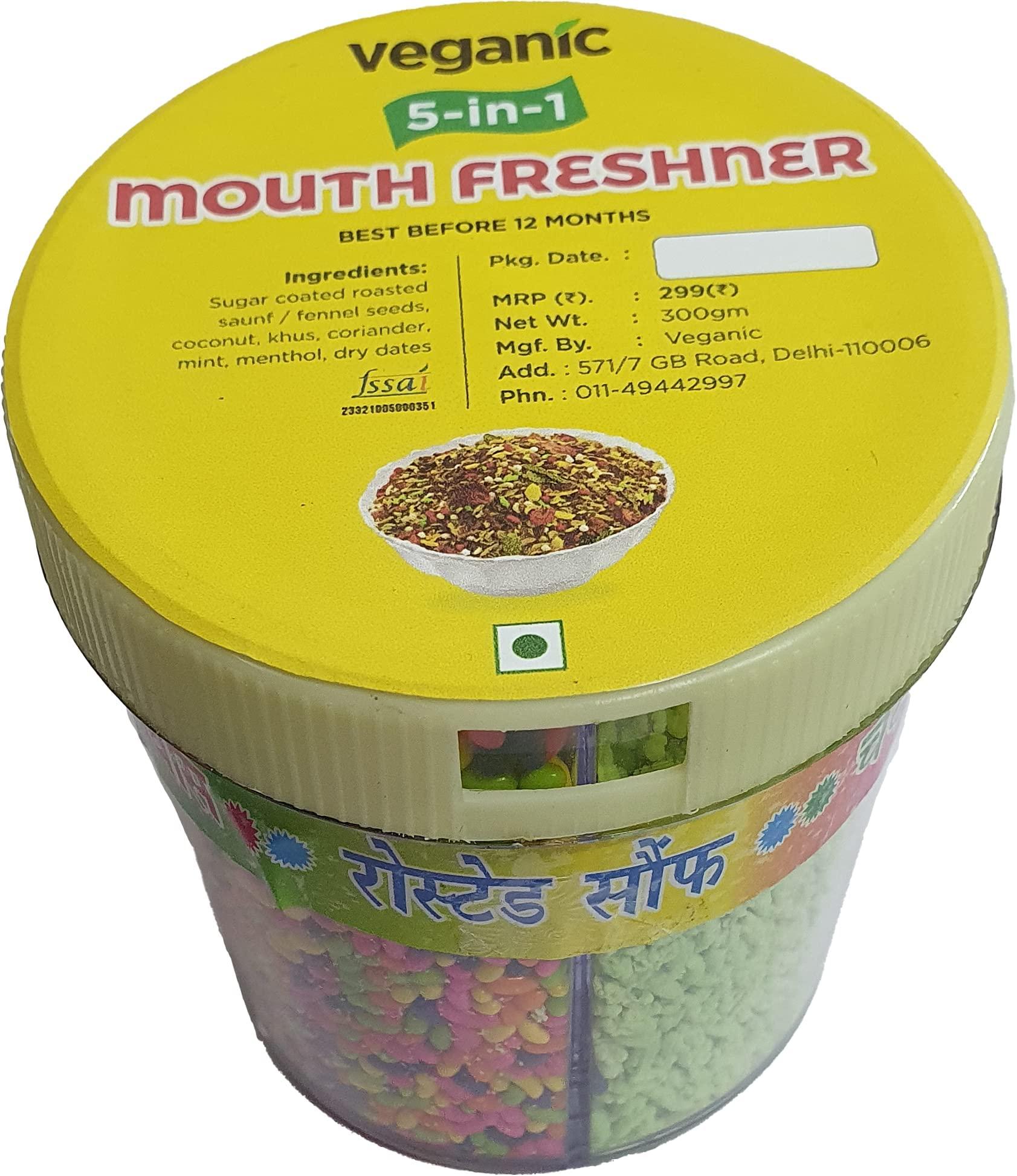 Veganic Veganic Mukhwas | 5 in 1 Mouth Freshner | 300gm | Green Saunf, MInt Saunf, Shahi Mukhwas, Chandan Mukhwas, Roasted fennel Seeds | Digestive After Meal Freshner