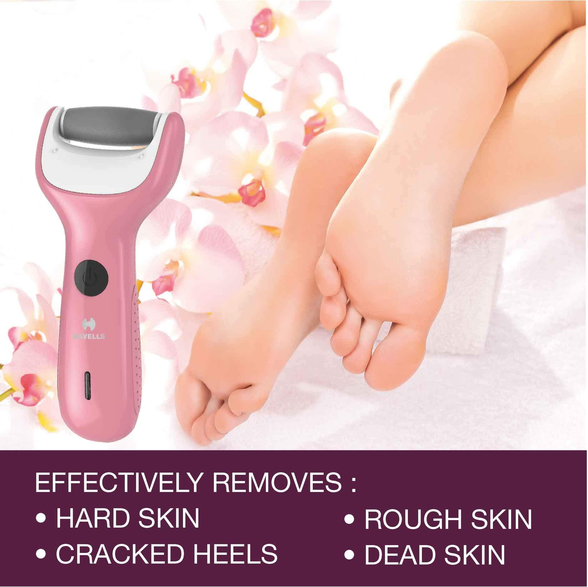 Havells Havells Rechargeable Callus Remover | Professional Pedi feet Care for Cracked Heels | Suitable for All Skin Types | Cord and Cordless Use | 2 Years Guarantee | Cherry Pink | CR4001