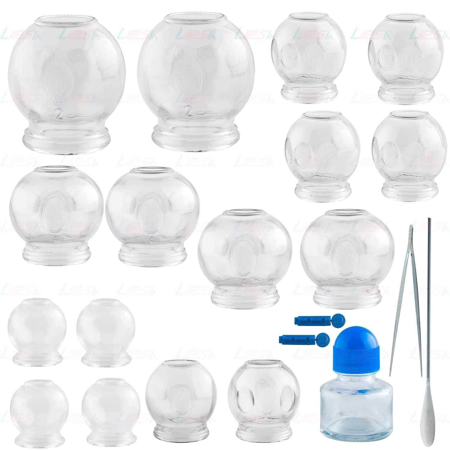 4beauty Therapy 4beauty Therapy Massage Cupping Cup Therapy set | 16 Glass Cups for Acupuncture Cupping Sets Chinese Medical Magnetic Acupuncture Vacuum Cupping Set Professional Cupping Kit