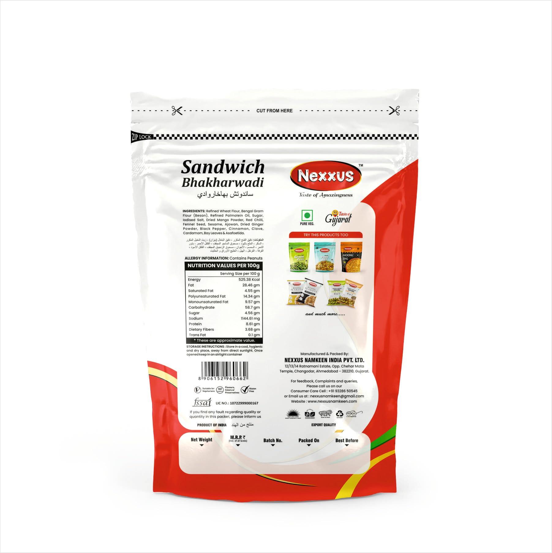 Nexxus Namkeen India Pvt Ltd - Ahmedabad Nexxus Namkeen [Combo of 2] Premium Roasted Bhakharwadi Sandwich X Butter | pack of 2 | 500 Gram per Combo | Bite-sized Delight for Snacking Bliss | Irresistibly Crunchy Snack