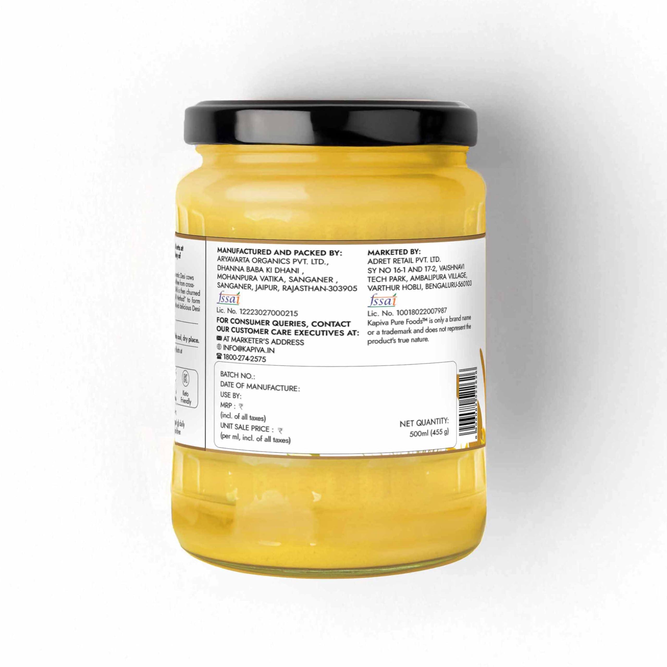 Kapiva Kapiva A2 Desi Cow Ghee 500ml | Bilona Method, Curd-Churned | Pure, Natural, Healthy | Grass-fed Cultured Ghee - Super Saver Pack of 2